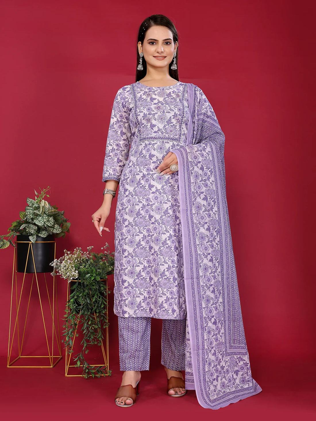 Buy Cotton Embellished Straight Calf Length Kurta with Pant and Dupatta-Lavender