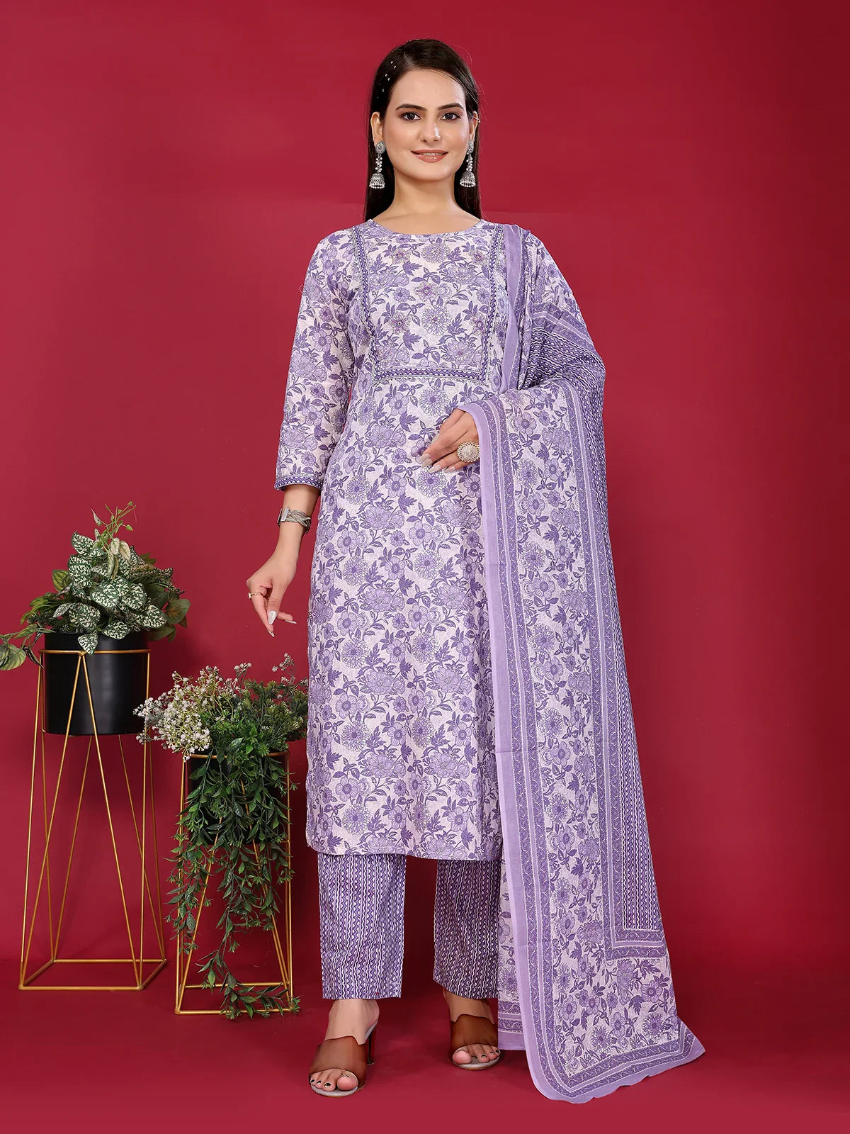 Buy Cotton Embellished Straight Calf Length Kurta with Pant and Dupatta-Lavender