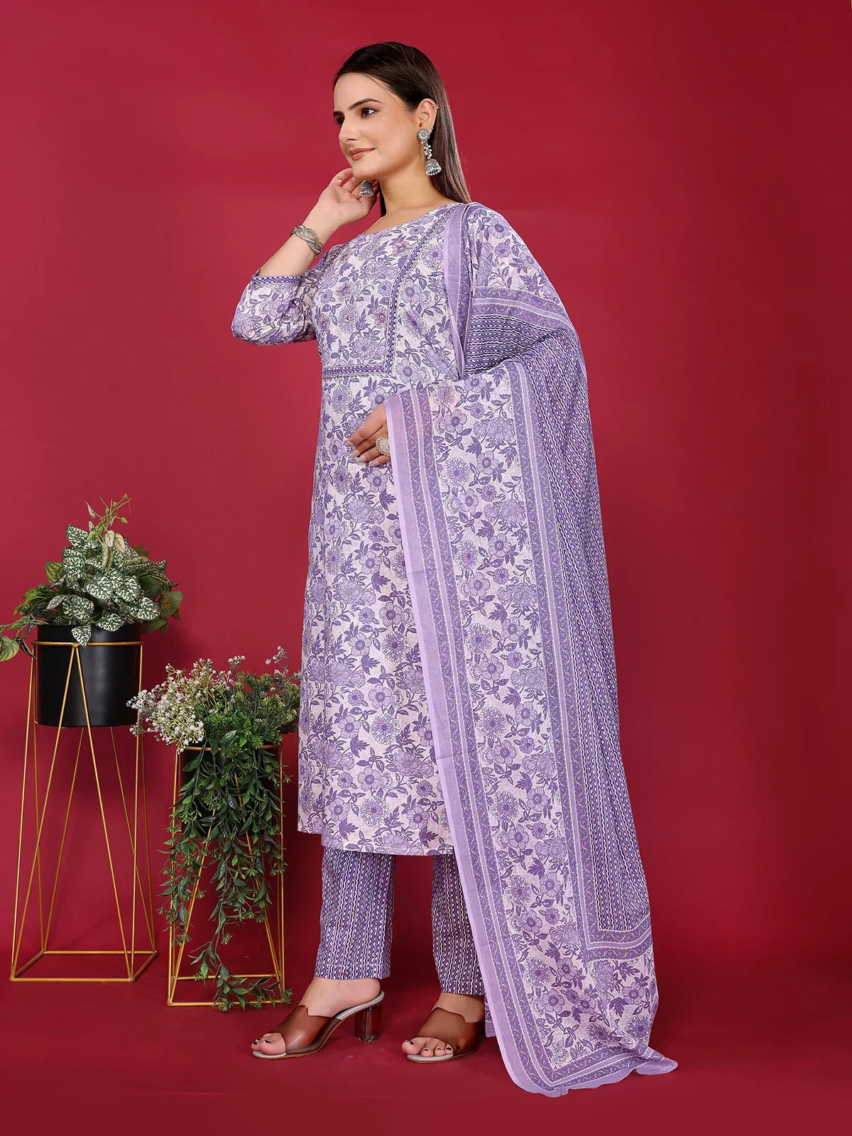 Buy Cotton Embellished Straight Calf Length Kurta with Pant and Dupatta-Lavender