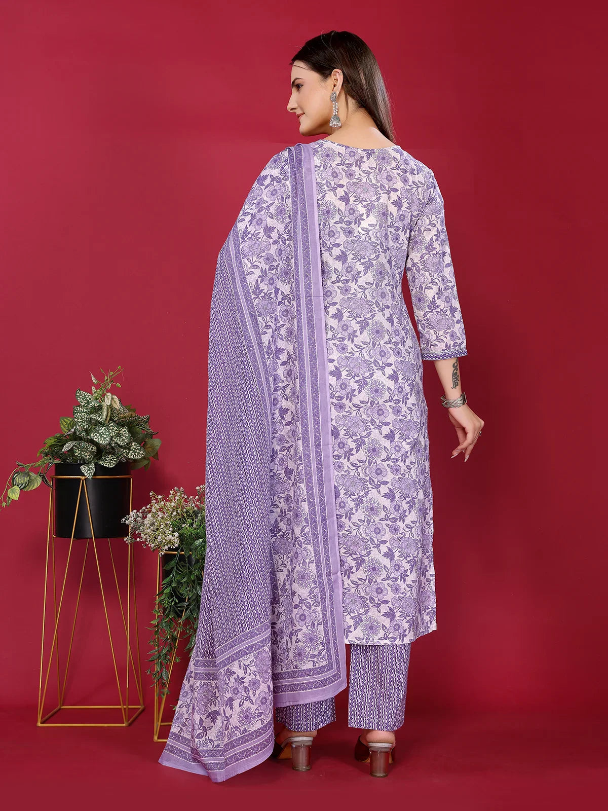 Buy Cotton Embellished Straight Calf Length Kurta with Pant and Dupatta-Lavender