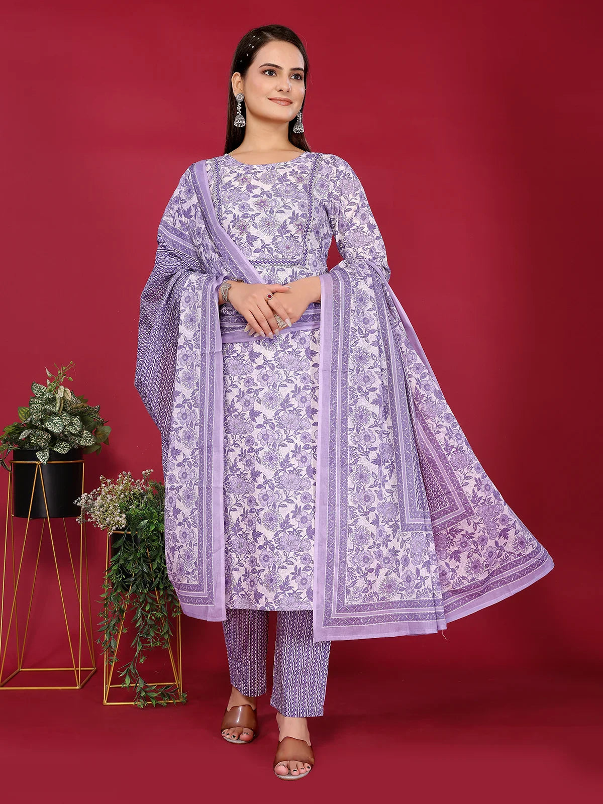 Buy Cotton Embellished Straight Calf Length Kurta with Pant and Dupatta-Lavender