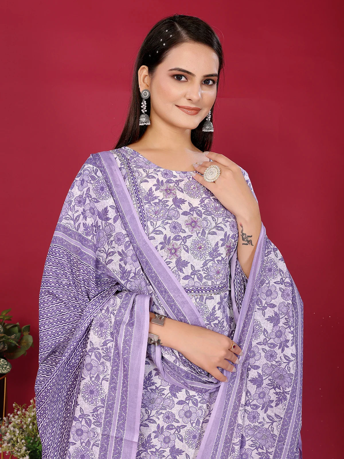 Buy Cotton Embellished Straight Calf Length Kurta with Pant and Dupatta-Lavender