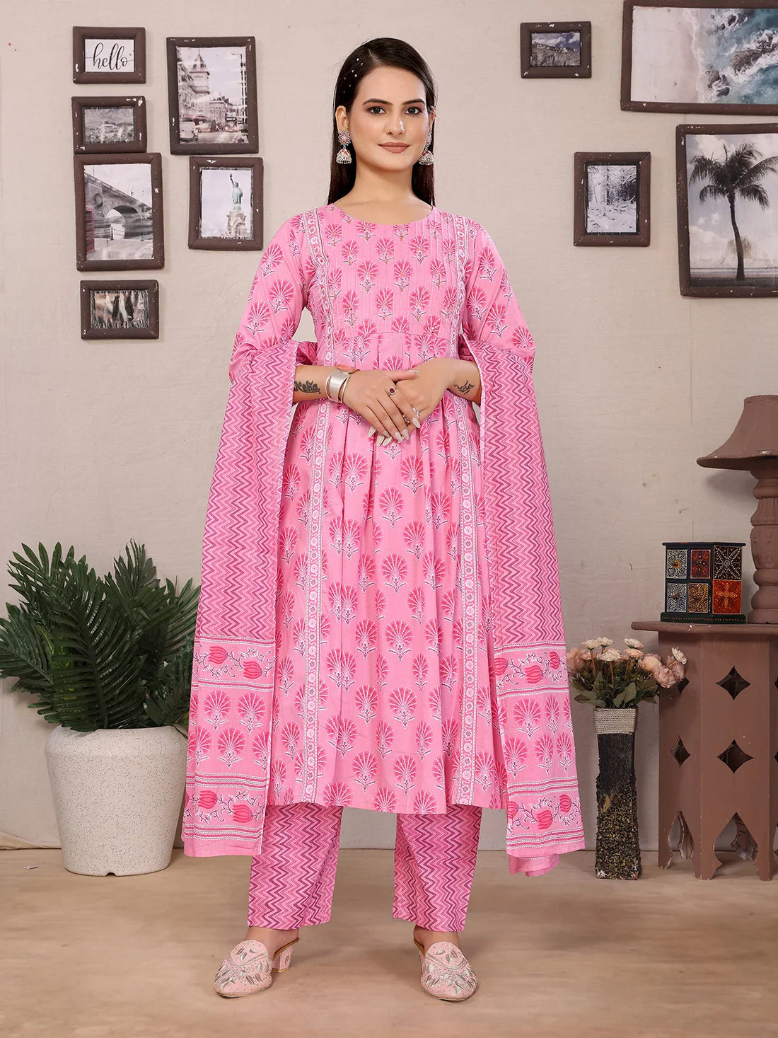 Buy Cotton Embroidered A-line Calf Length Kurta with Pant and Dupatta-Light Pink