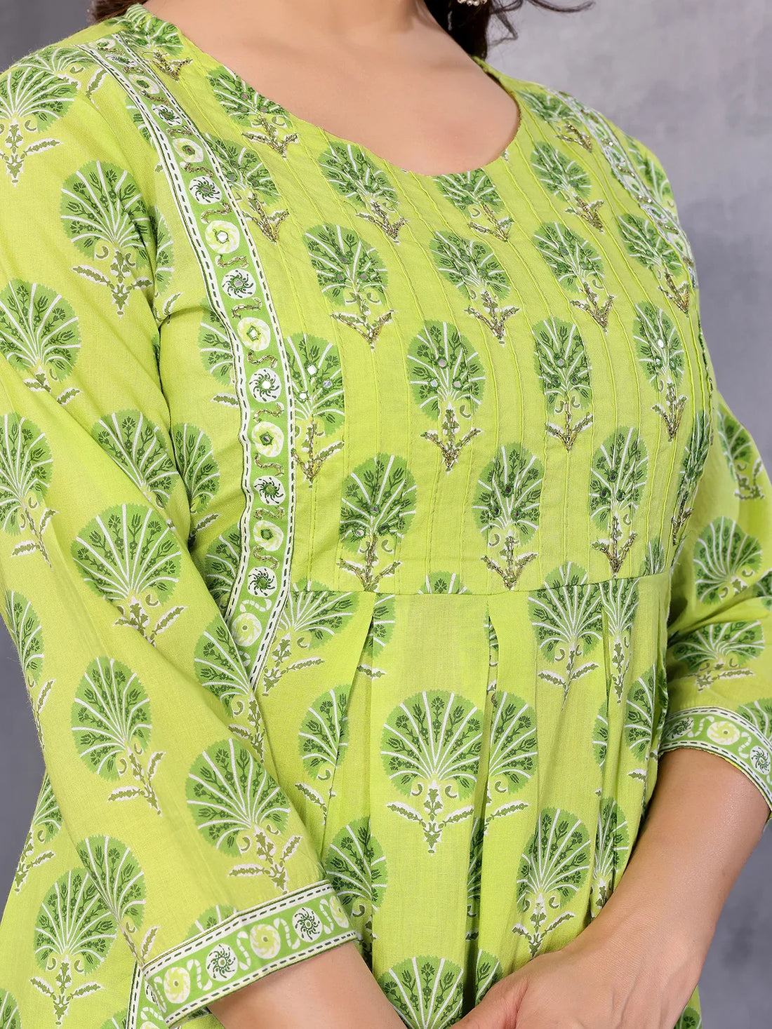 Buy Cotton Embroidered Nayra Style Calf Length Kurta with Pant and Dupatta-Light Green