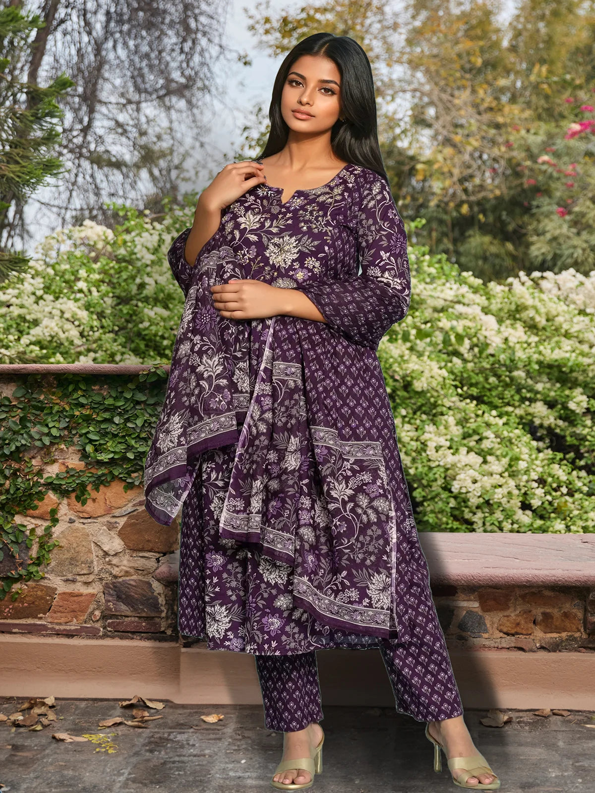 Buy Cotton Embroidered Nayra Style Calf Length Kurta with Pant and Dupatta-Purple