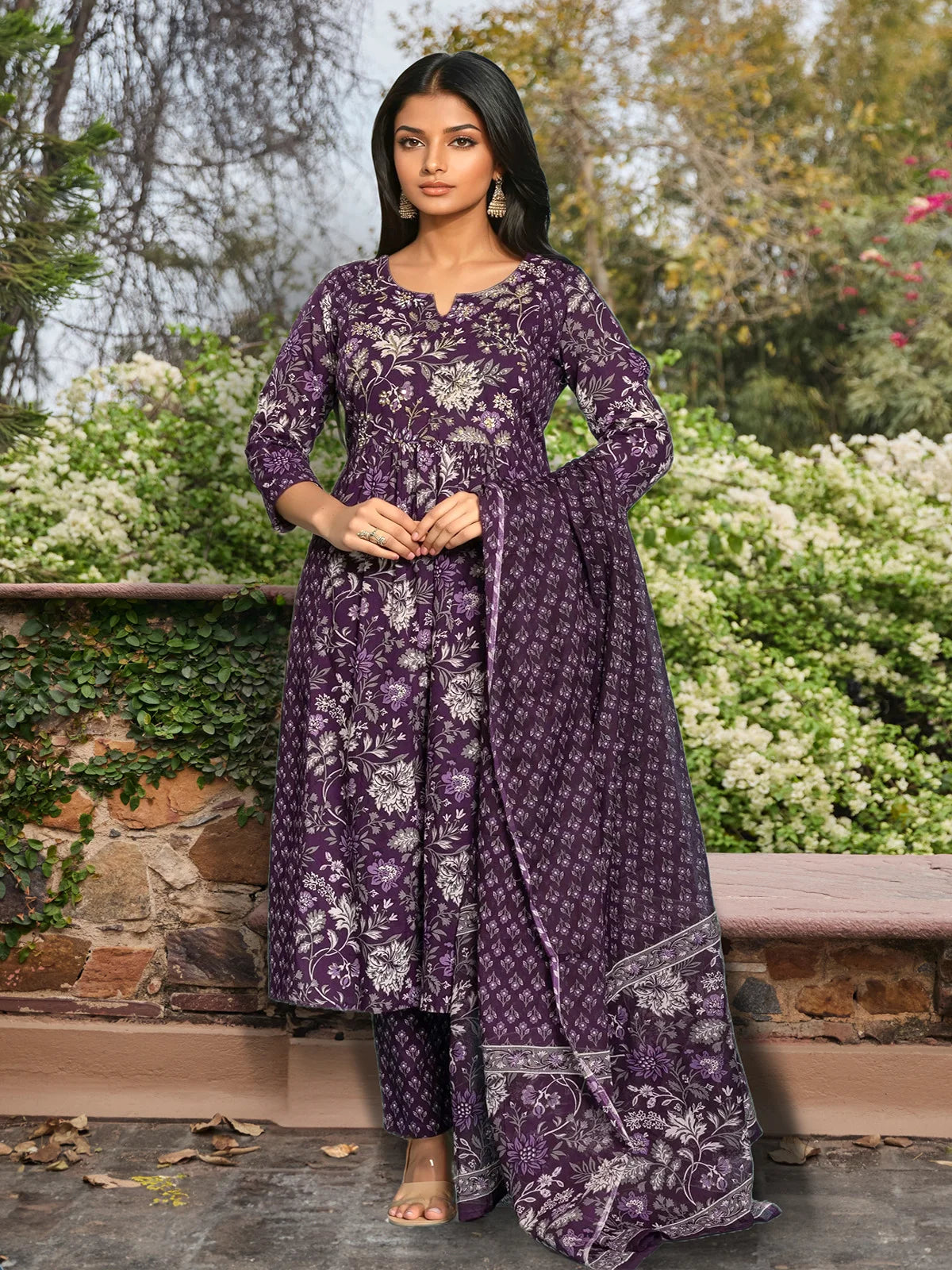 Buy Cotton Embroidered Nayra Style Calf Length Kurta with Pant and Dupatta-Purple