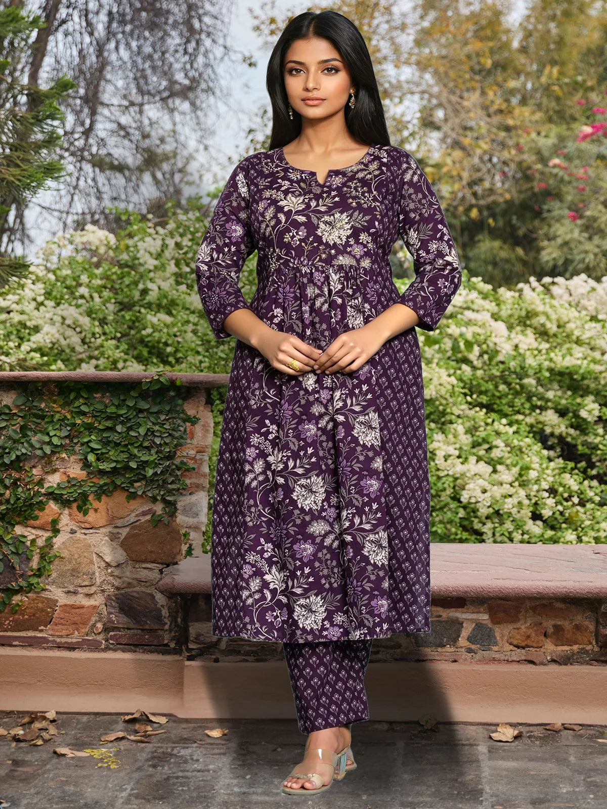 Buy Cotton Embroidered Nayra Style Calf Length Kurta with Pant and Dupatta-Purple