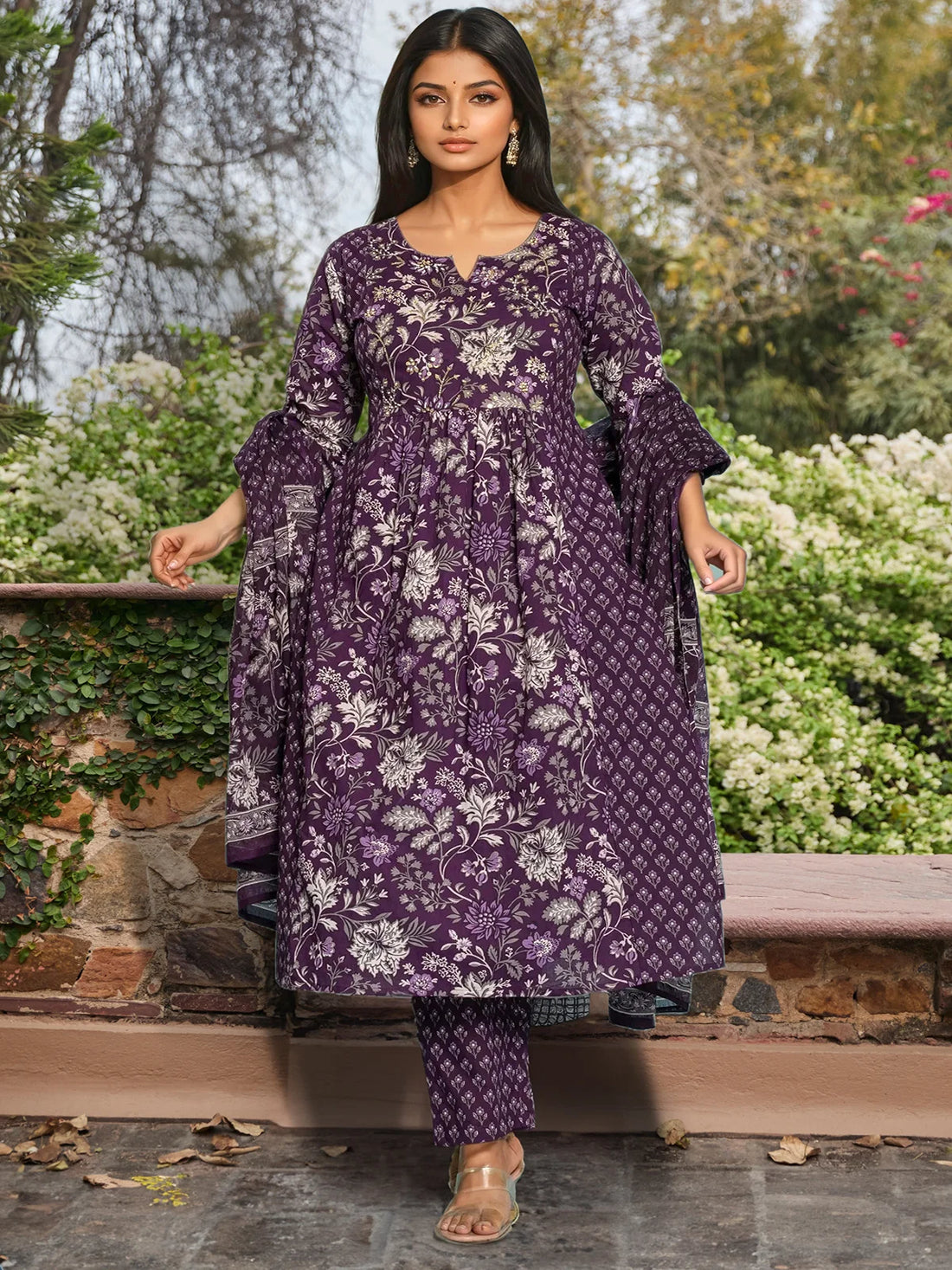 Buy Cotton Embroidered Nayra Style Calf Length Kurta with Pant and Dupatta-Purple