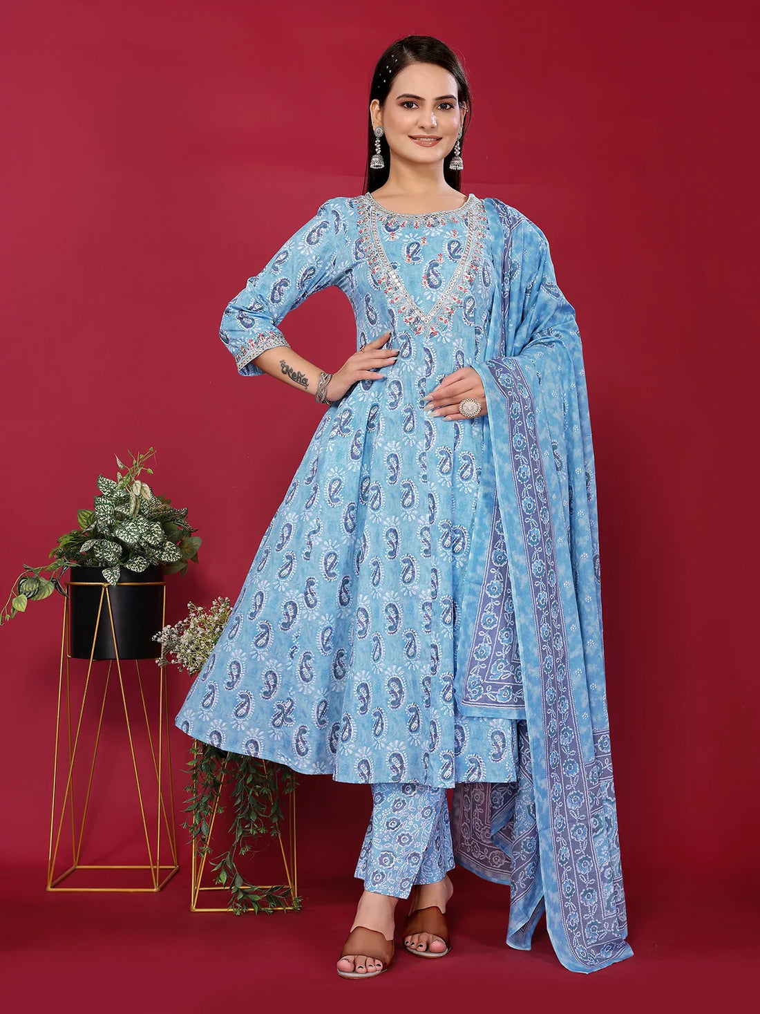 Buy Cotton Embroidered Anarkali Calf Length Kurta with Pant and Dupatta-Light Blue