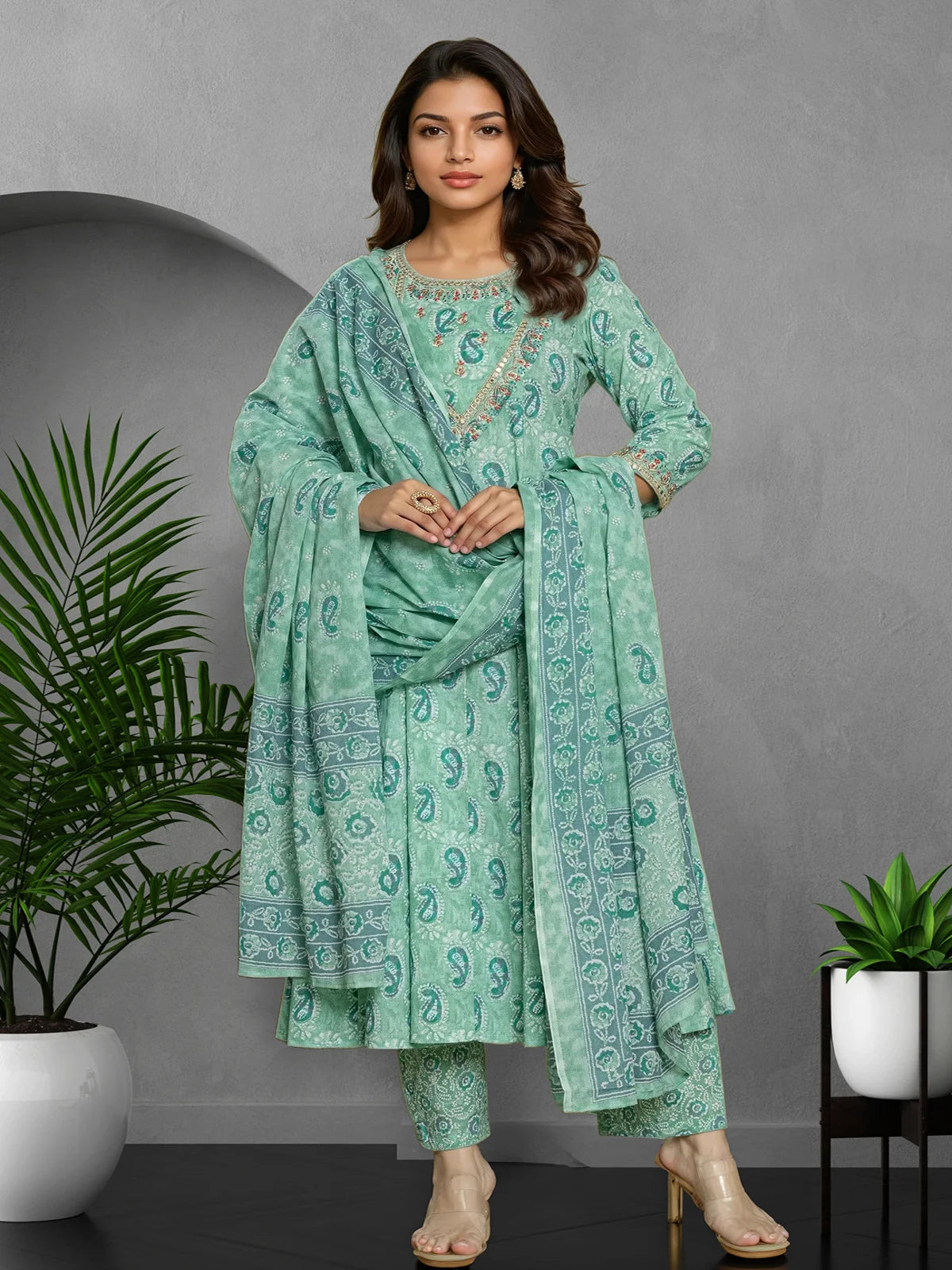 Buy Cotton Embroidered Anarkali Calf Length Kurta with Pant and Dupatta-Light Green