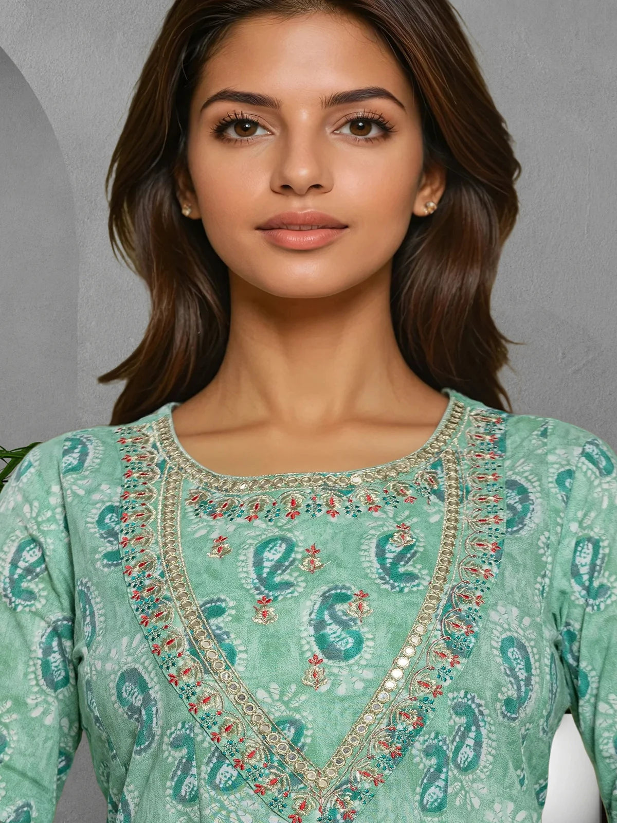 Buy Cotton Embroidered Anarkali Calf Length Kurta with Pant and Dupatta-Light Green
