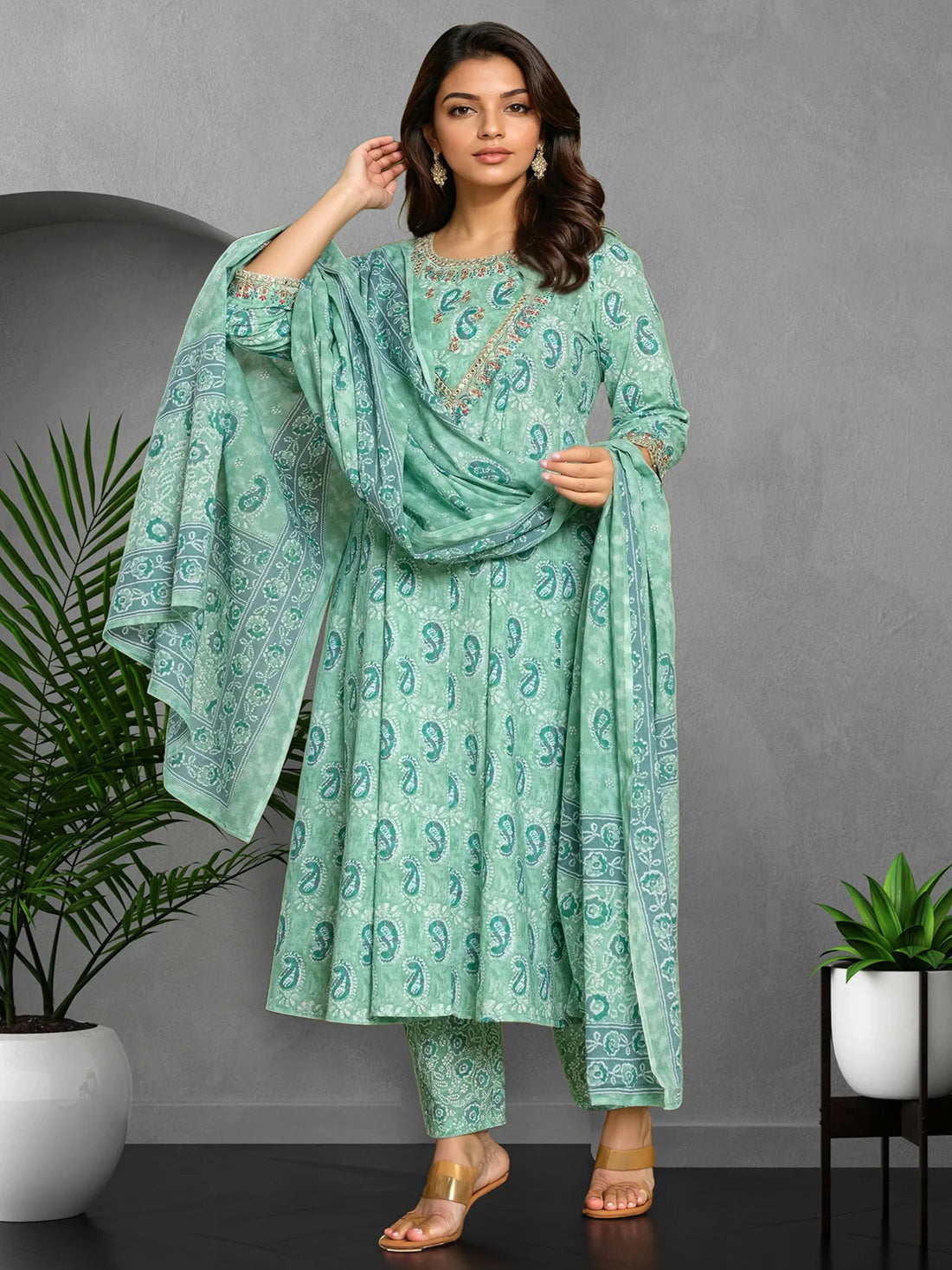 Buy Cotton Embroidered Anarkali Calf Length Kurta with Pant and Dupatta-Light Green