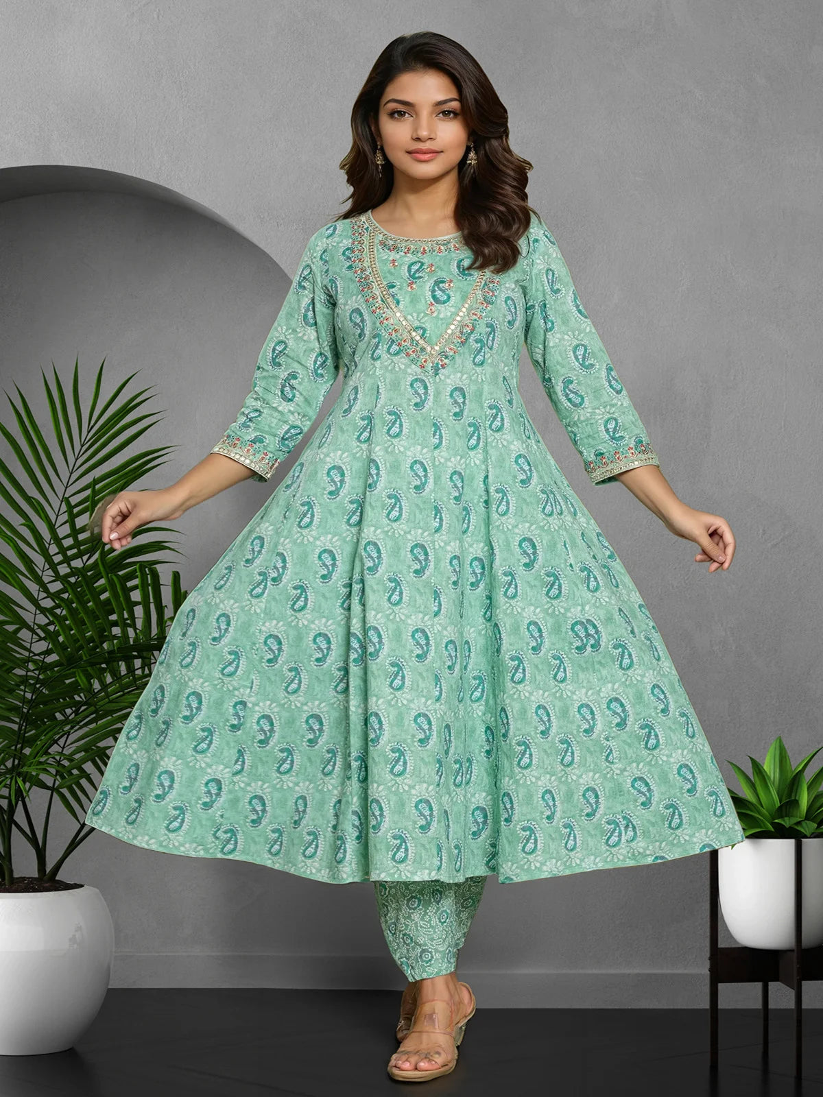Buy Cotton Embroidered Anarkali Calf Length Kurta with Pant and Dupatta-Light Green