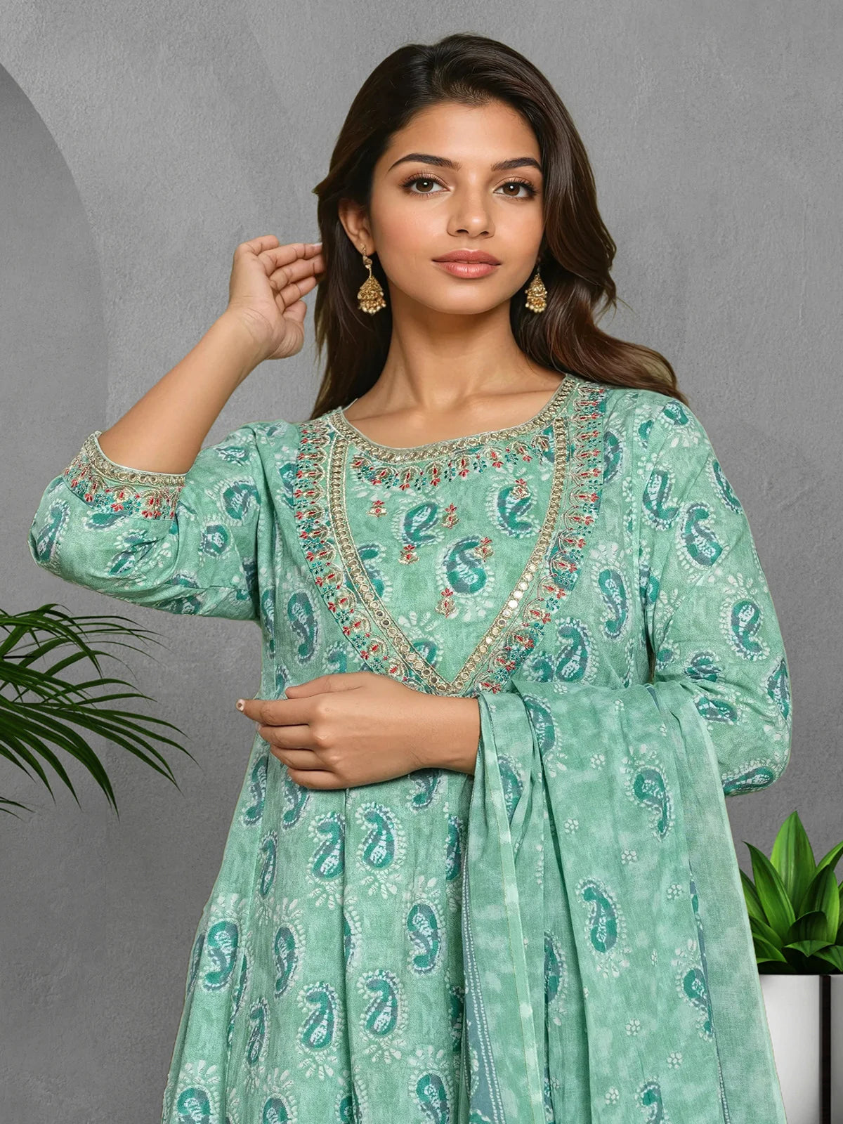 Buy Cotton Embroidered Anarkali Calf Length Kurta with Pant and Dupatta-Light Green