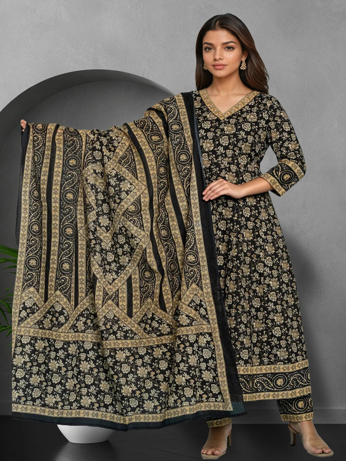 Buy Cotton Embroidered Anarkali Calf Length Kurta with Pant and Dupatta-Black