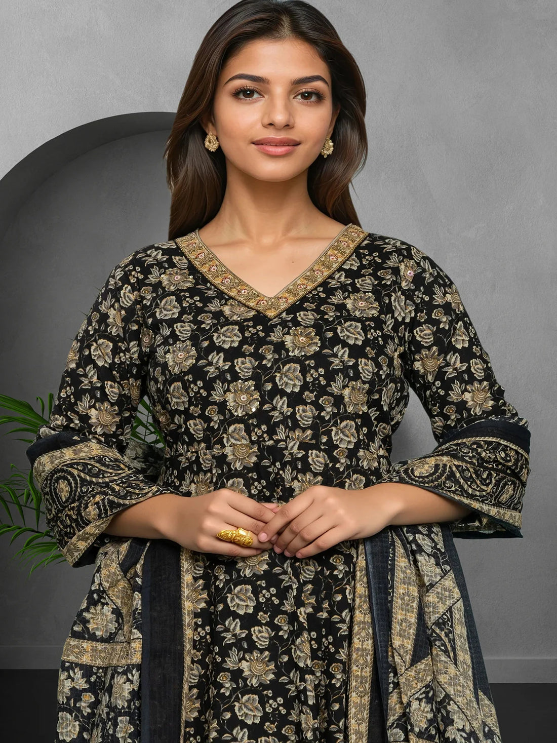 Buy Cotton Embroidered Anarkali Calf Length Kurta with Pant and Dupatta-Black