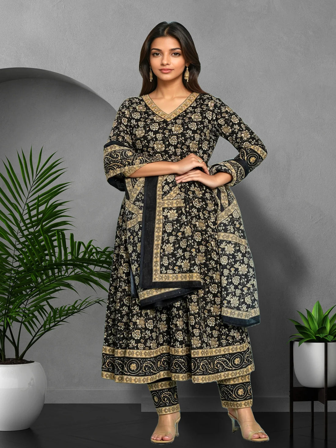 Buy Cotton Embroidered Anarkali Calf Length Kurta with Pant and Dupatta-Black