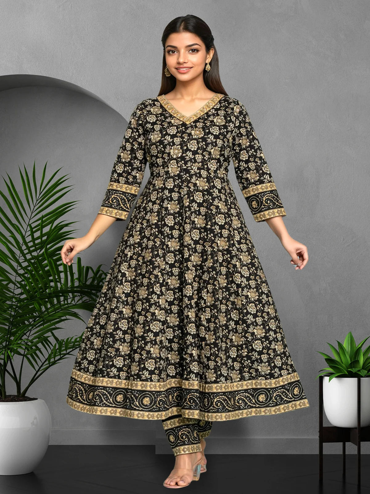 Buy Cotton Embroidered Anarkali Calf Length Kurta with Pant and Dupatta-Black