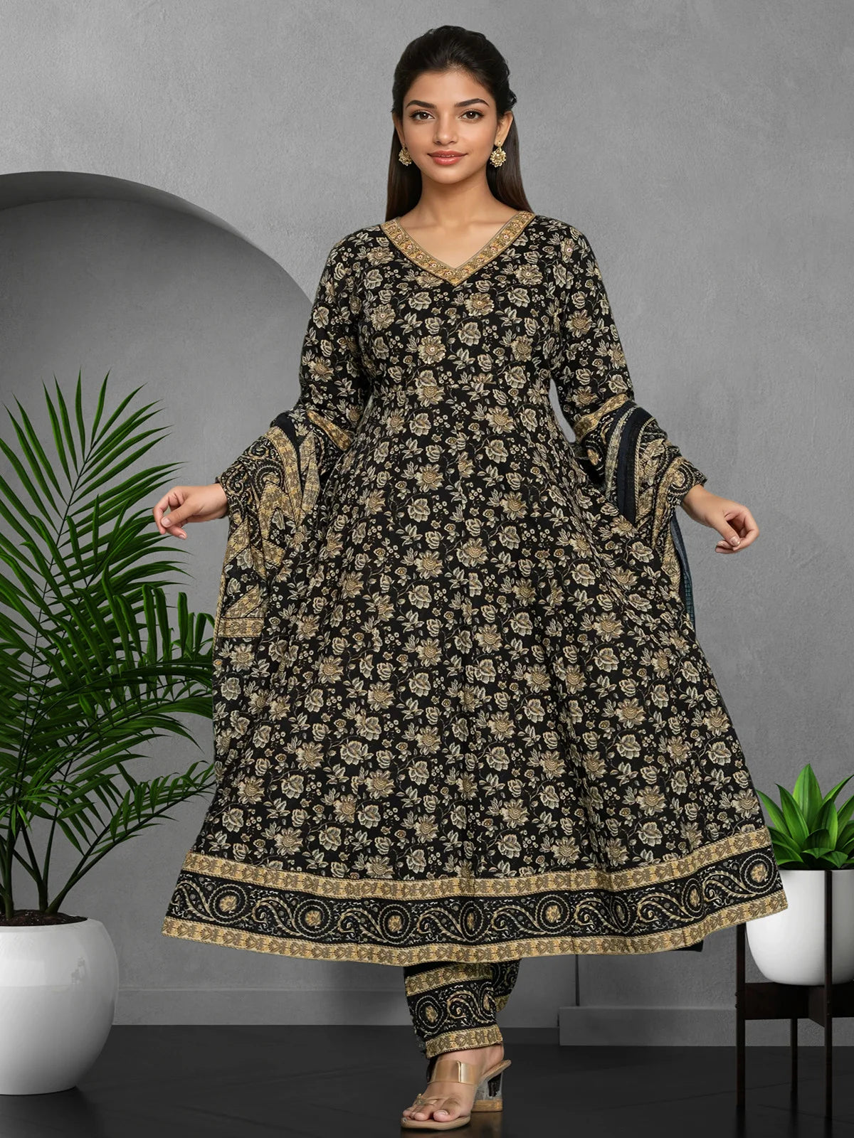 Buy Cotton Embroidered Anarkali Calf Length Kurta with Pant and Dupatta-Black