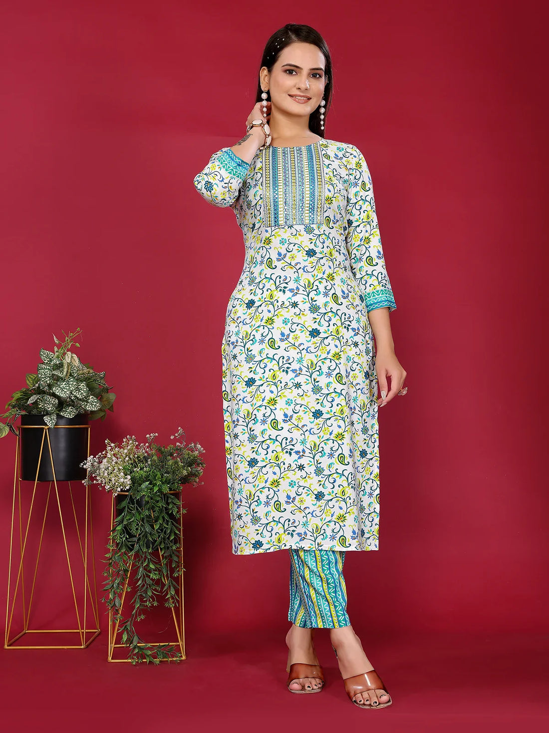 Buy Rayon Embroidered Straight Calf Length Kurta with Pant-Light Blue