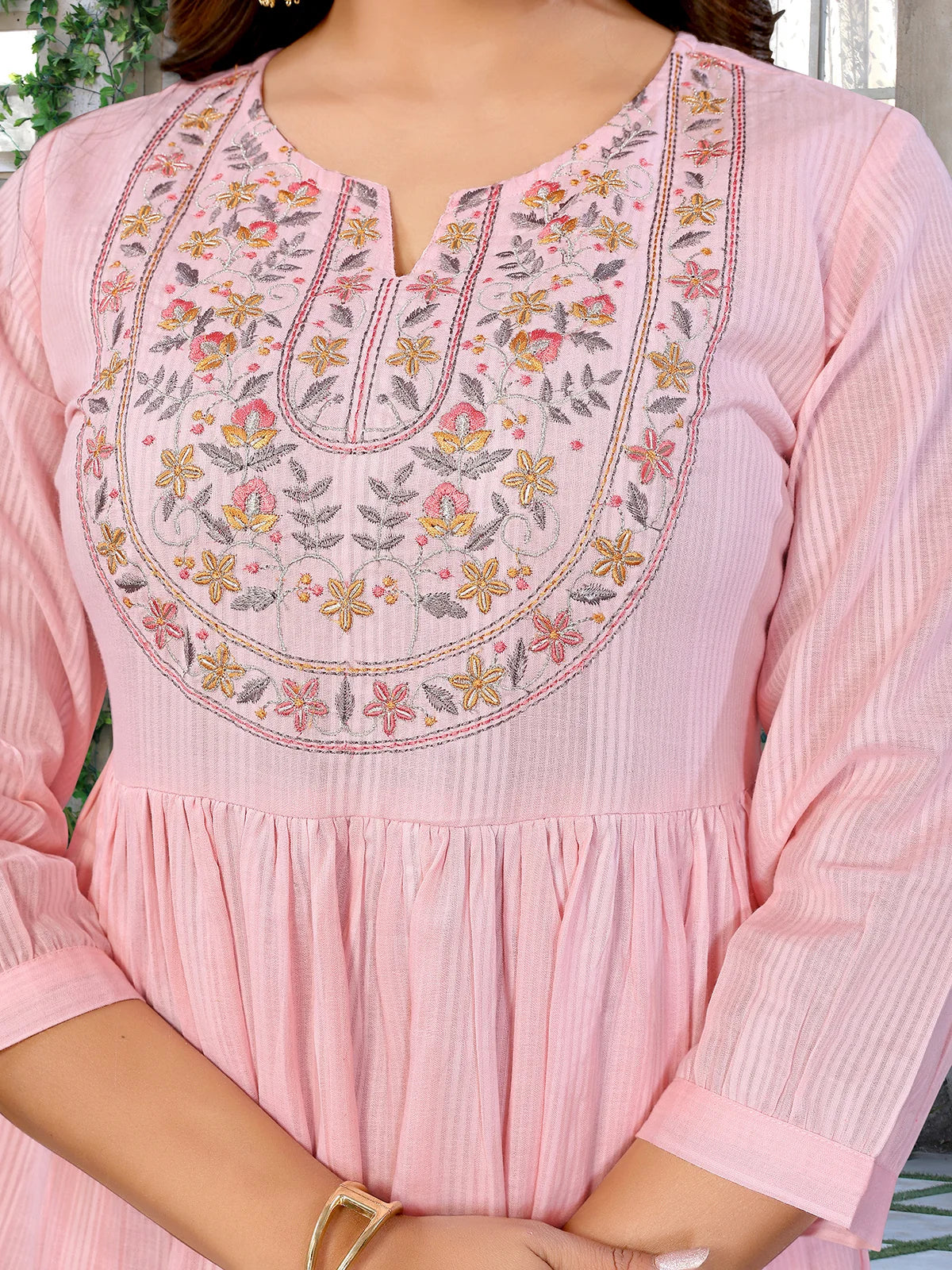 Buy Cotton Embroidered Flared Calf Length Dress-Pink