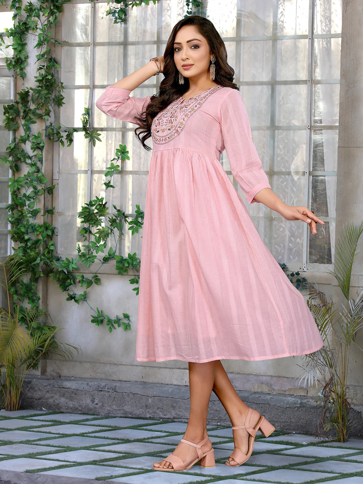 Cotton Embroidered Flared Calf Length Dress Rangita Cotton Embroidered Flared Calf Length Dress Rangita