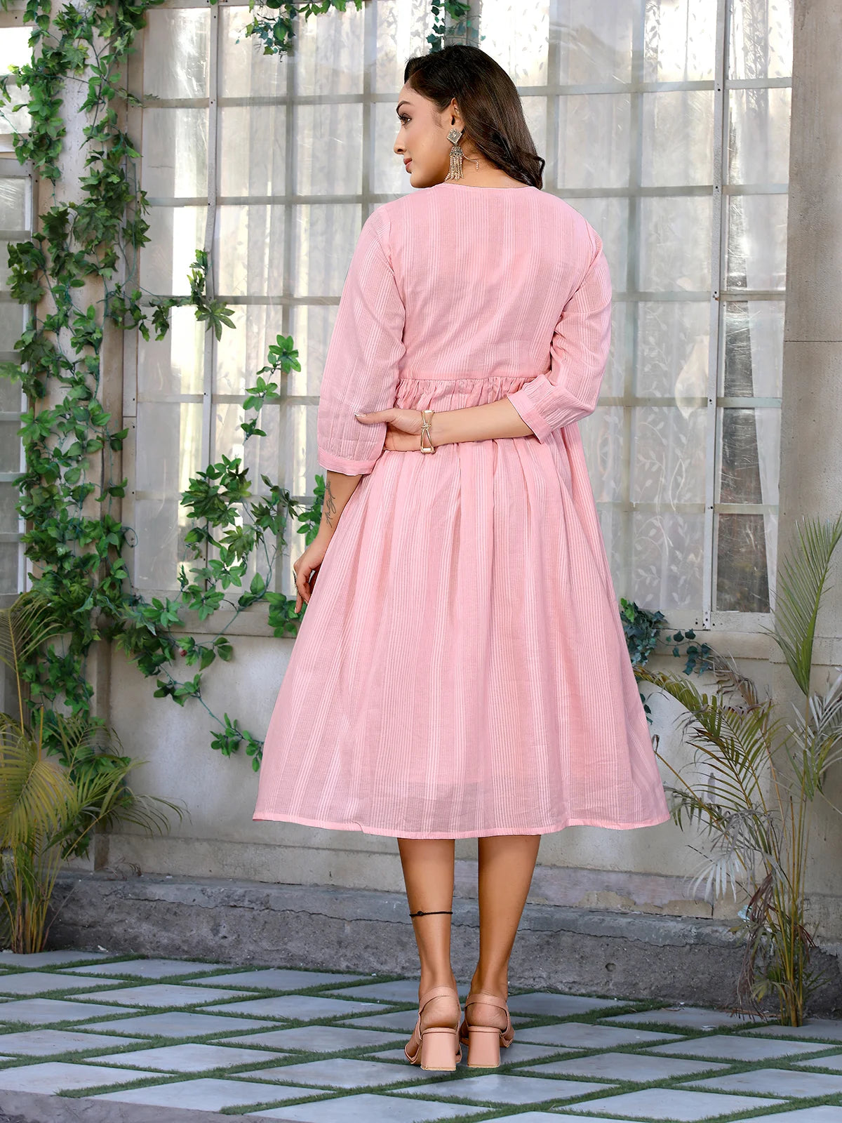 Buy Cotton Embroidered Flared Calf Length Dress-Pink