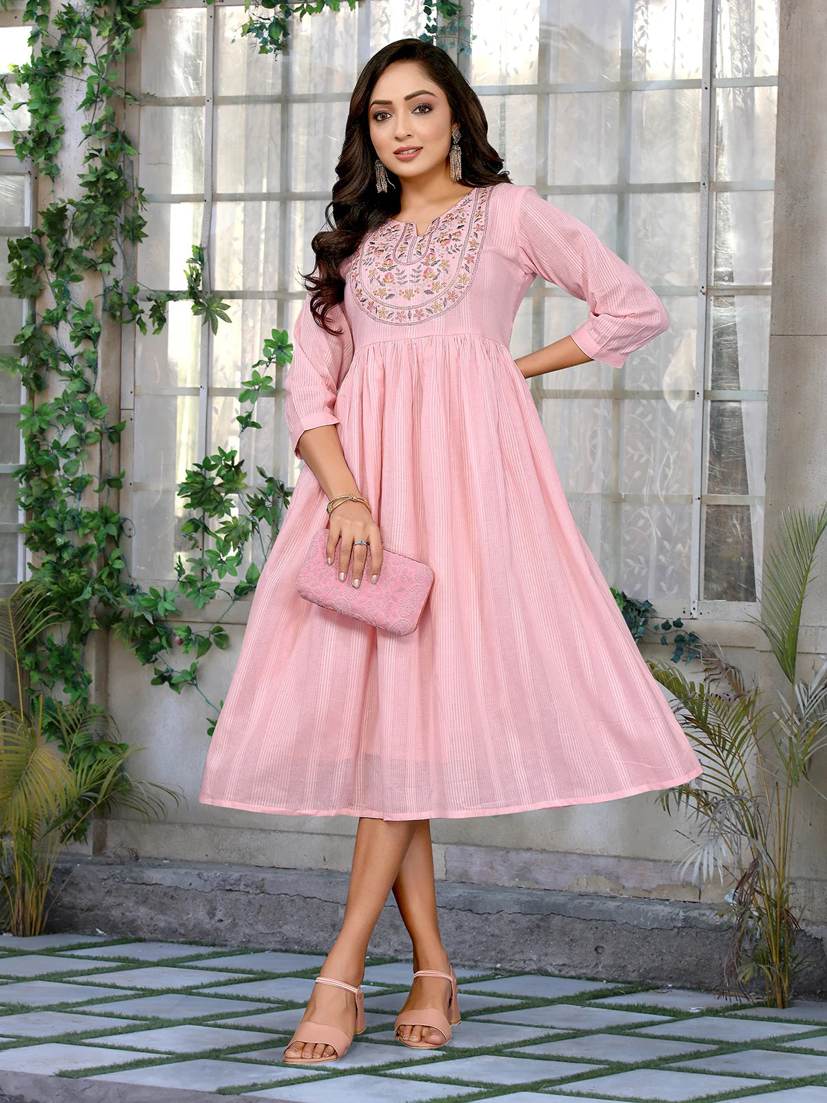 Buy Cotton Embroidered Flared Calf Length Dress-Pink
