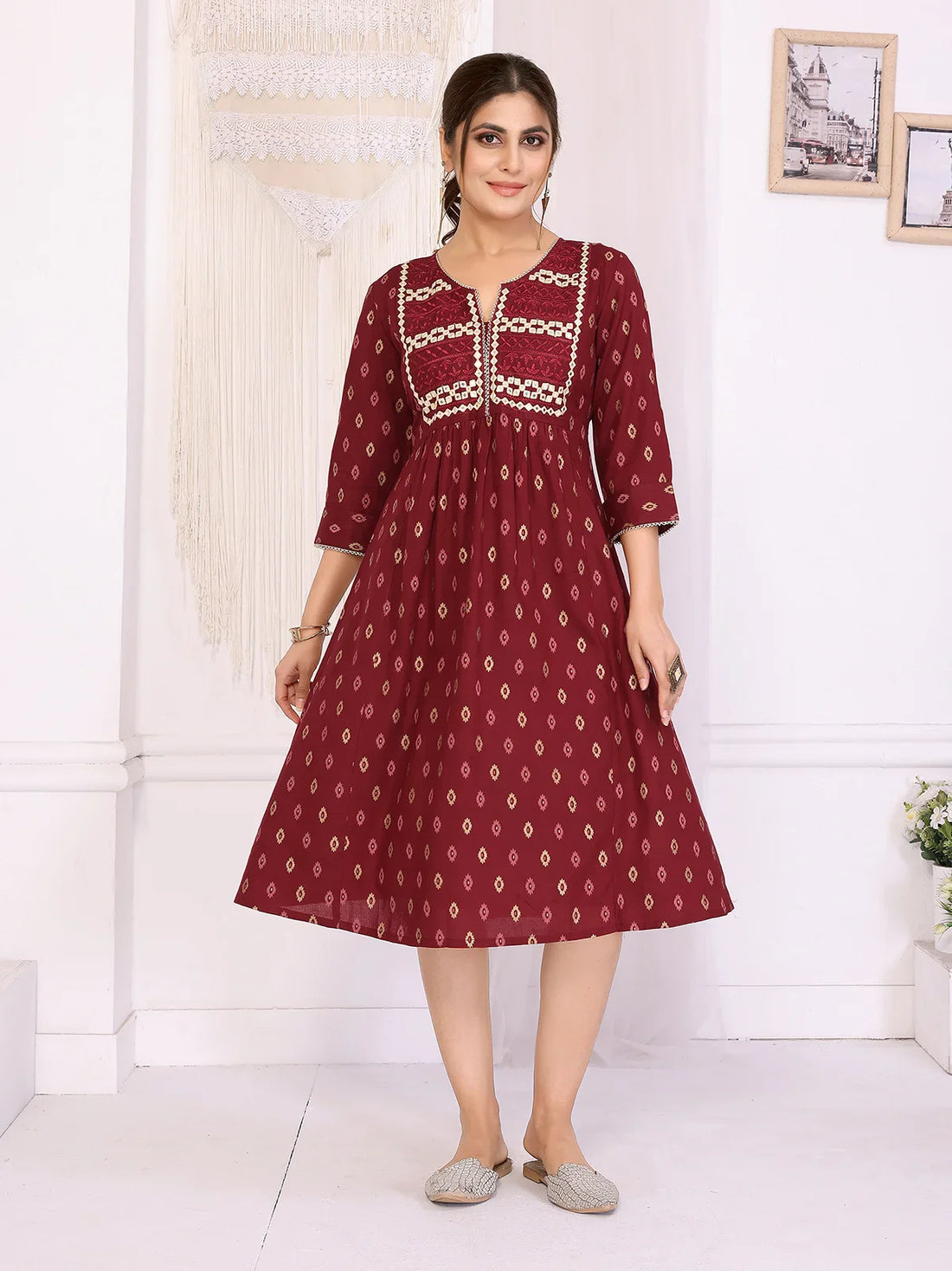 Buy Rayon Embroidered Flared Calf Length Dress-Maroon