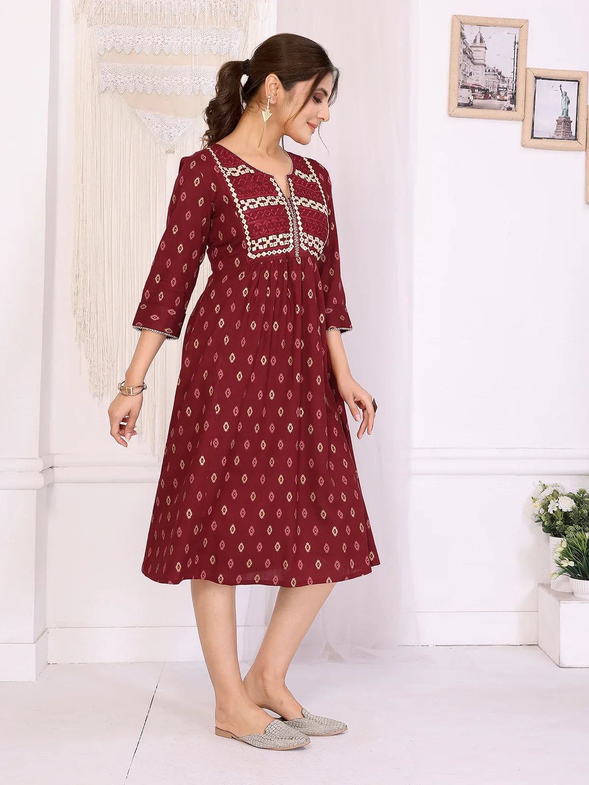 Buy Rayon Embroidered Flared Calf Length Dress-Maroon