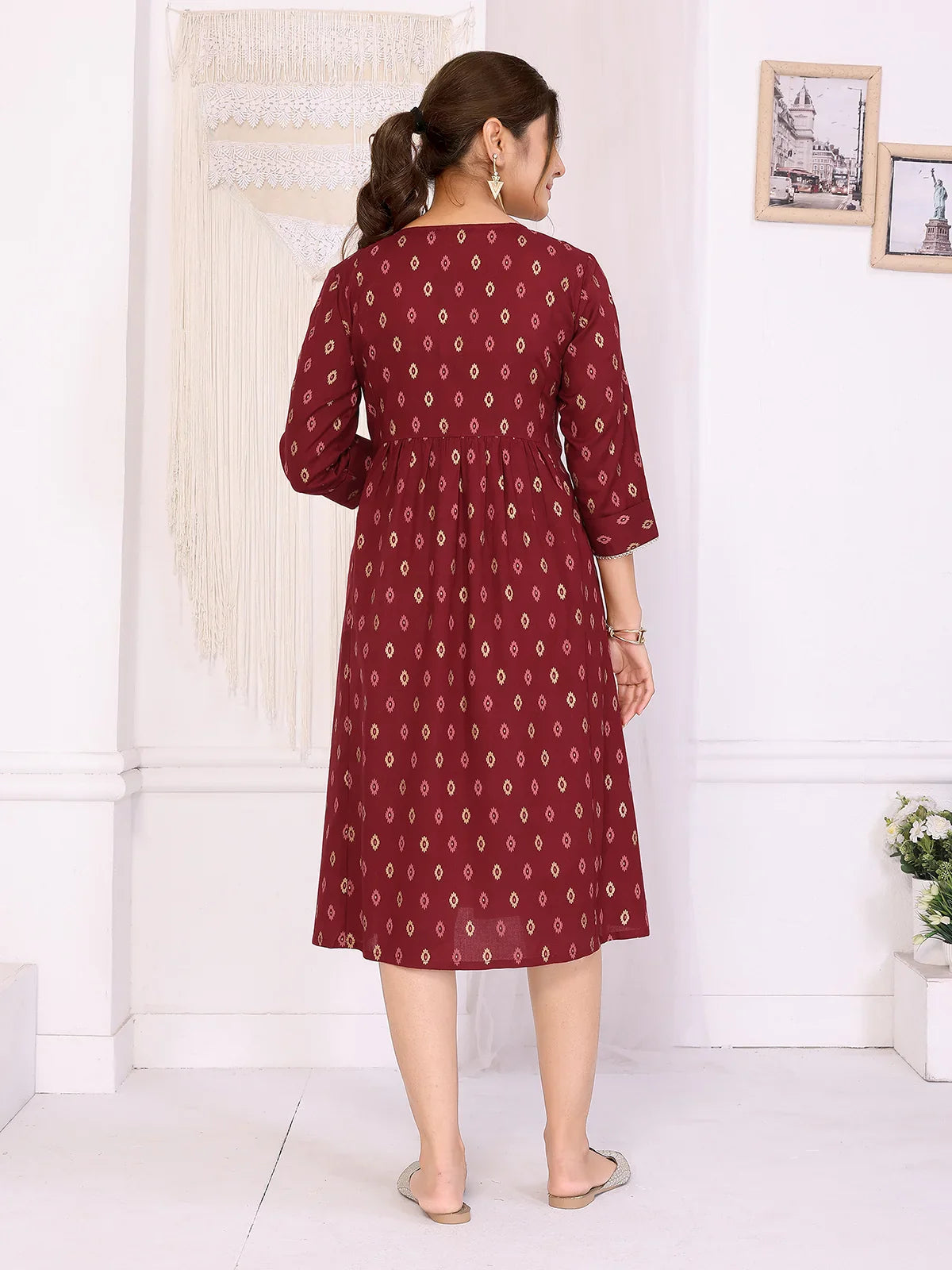Buy Rayon Embroidered Flared Calf Length Dress-Maroon