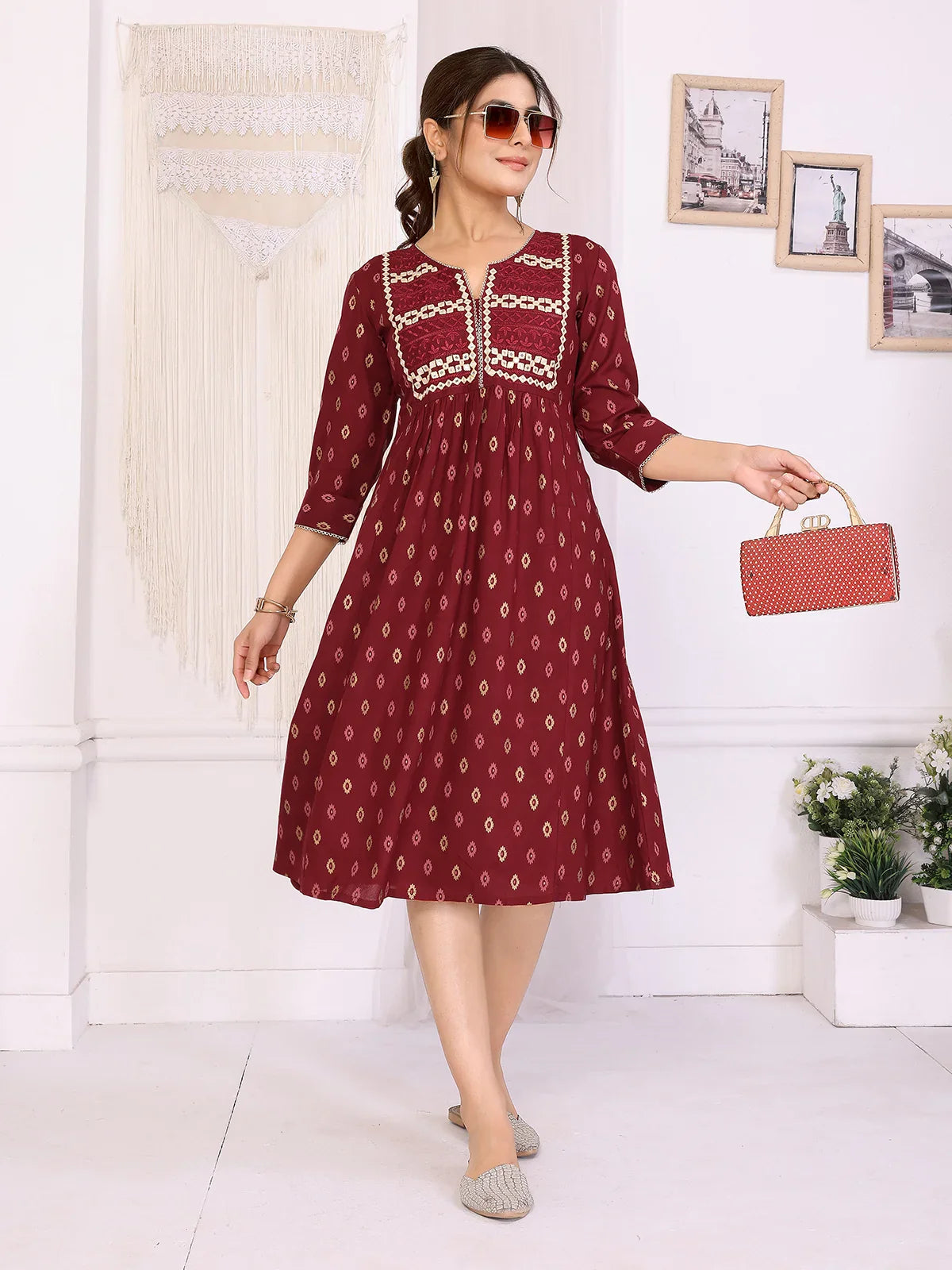 Buy Rayon Embroidered Flared Calf Length Dress-Maroon