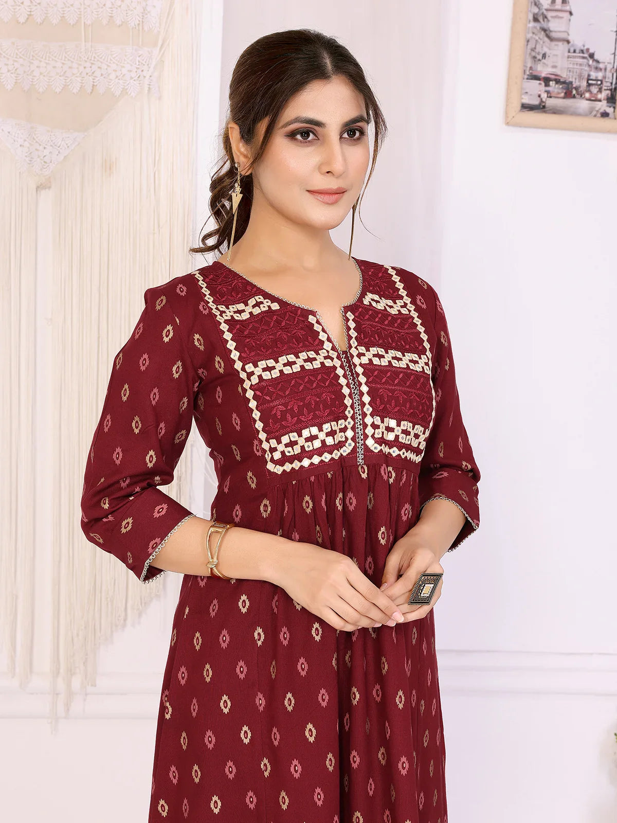 Buy Rayon Embroidered Flared Calf Length Dress-Maroon