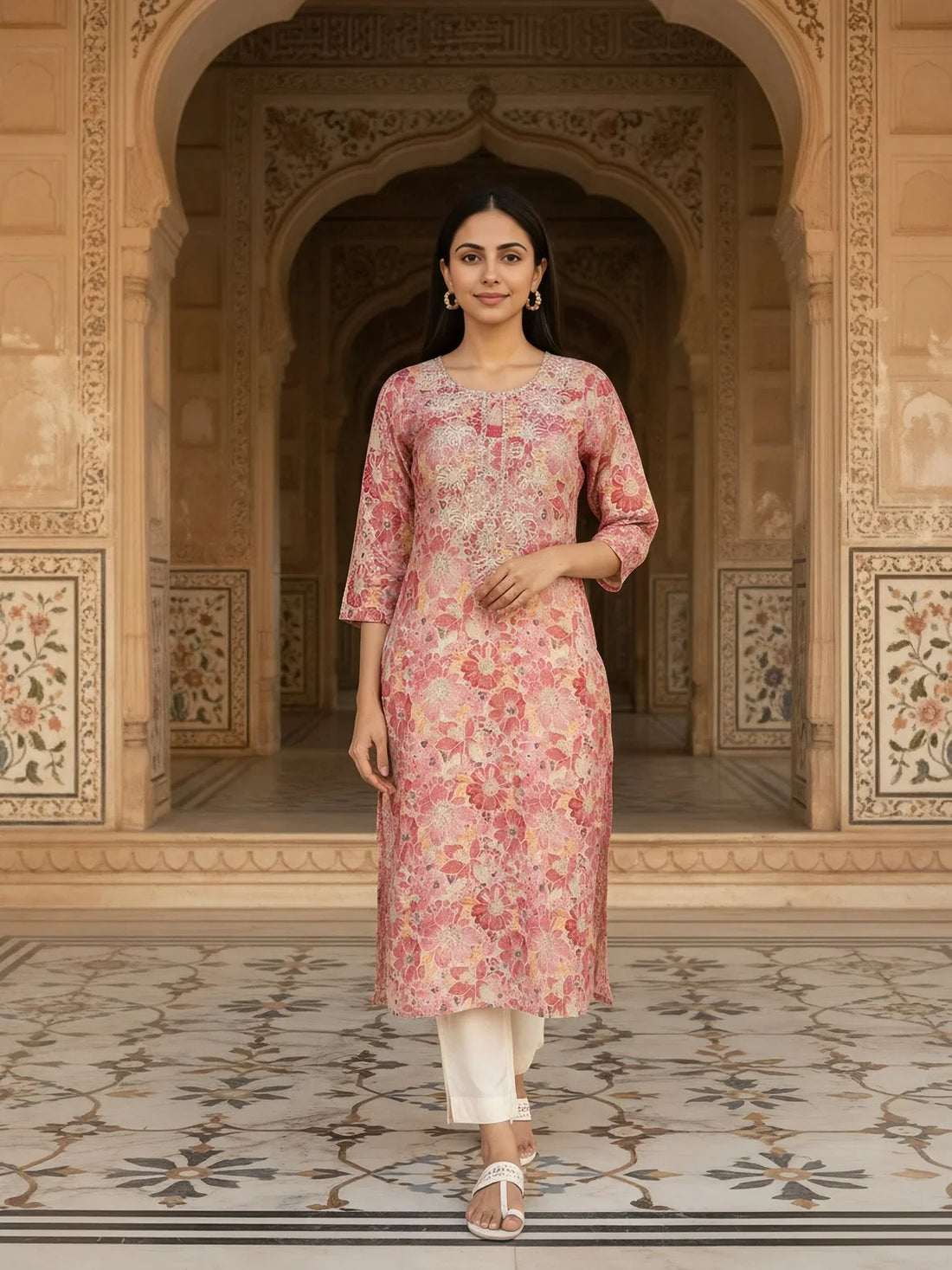 Buy Chanderi Embroidered Straight Calf Length Kurta-Coral