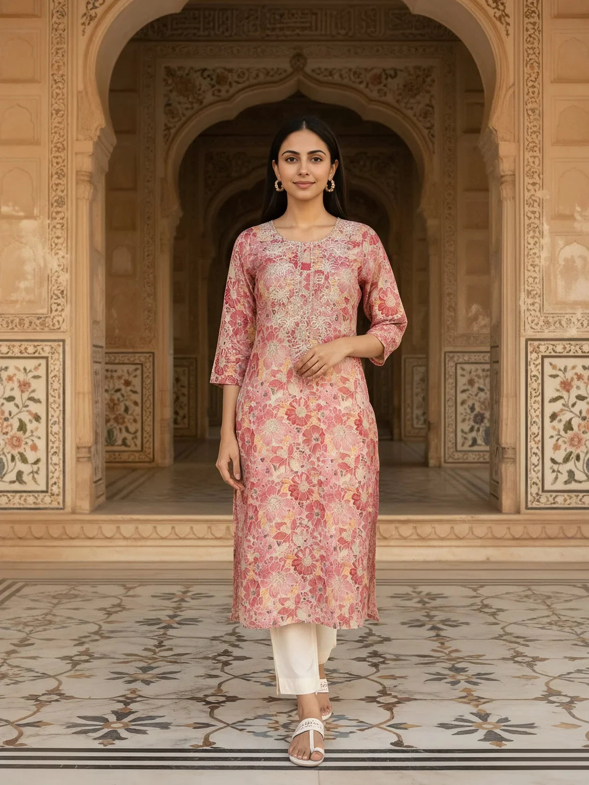 Buy Chanderi Embroidered Straight Calf Length Kurta-Coral