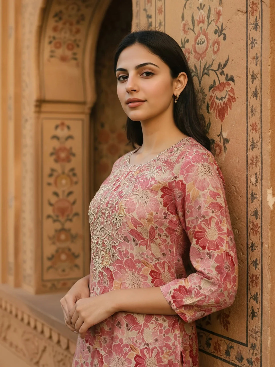 Buy Chanderi Embroidered Straight Calf Length Kurta-Coral