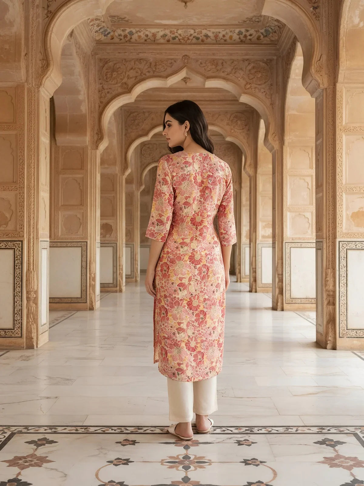 Buy Chanderi Embroidered Straight Calf Length Kurta-Coral