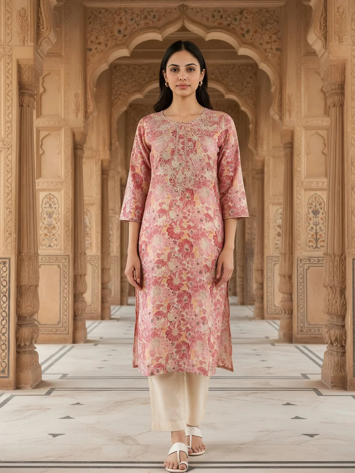 Buy Chanderi Embroidered Straight Calf Length Kurta-Coral