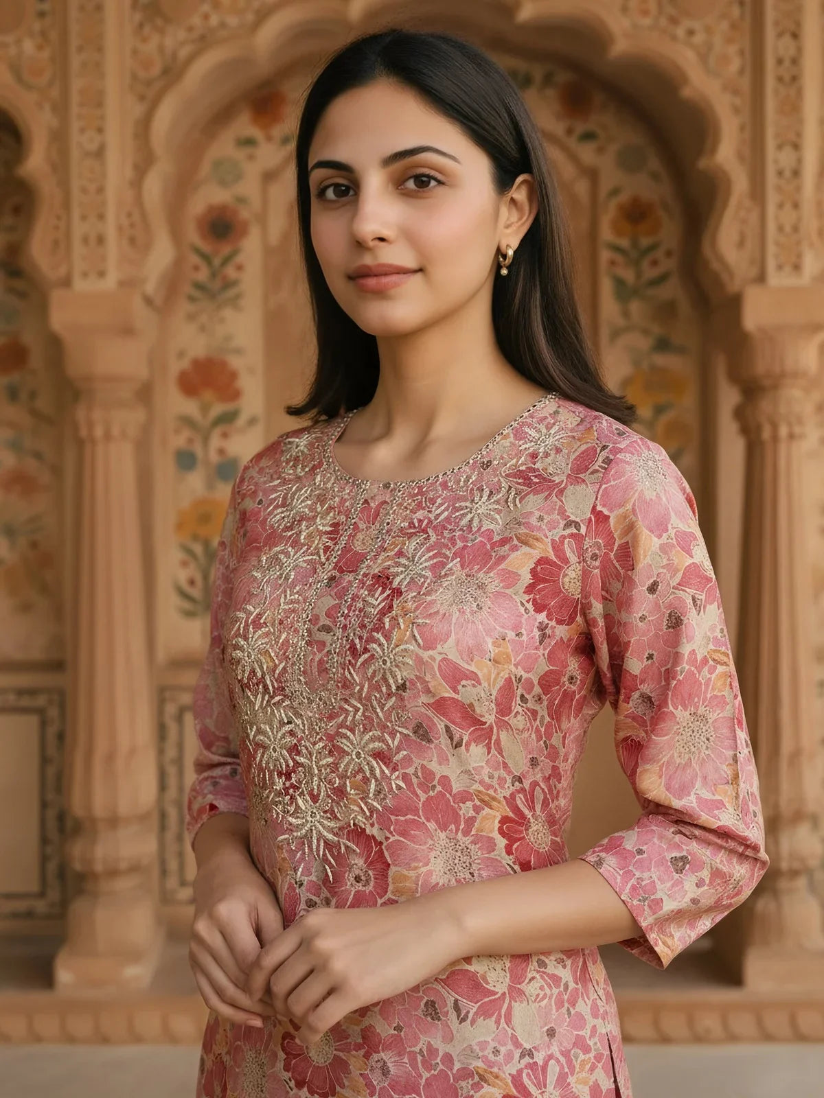 Buy Chanderi Embroidered Straight Calf Length Kurta-Coral