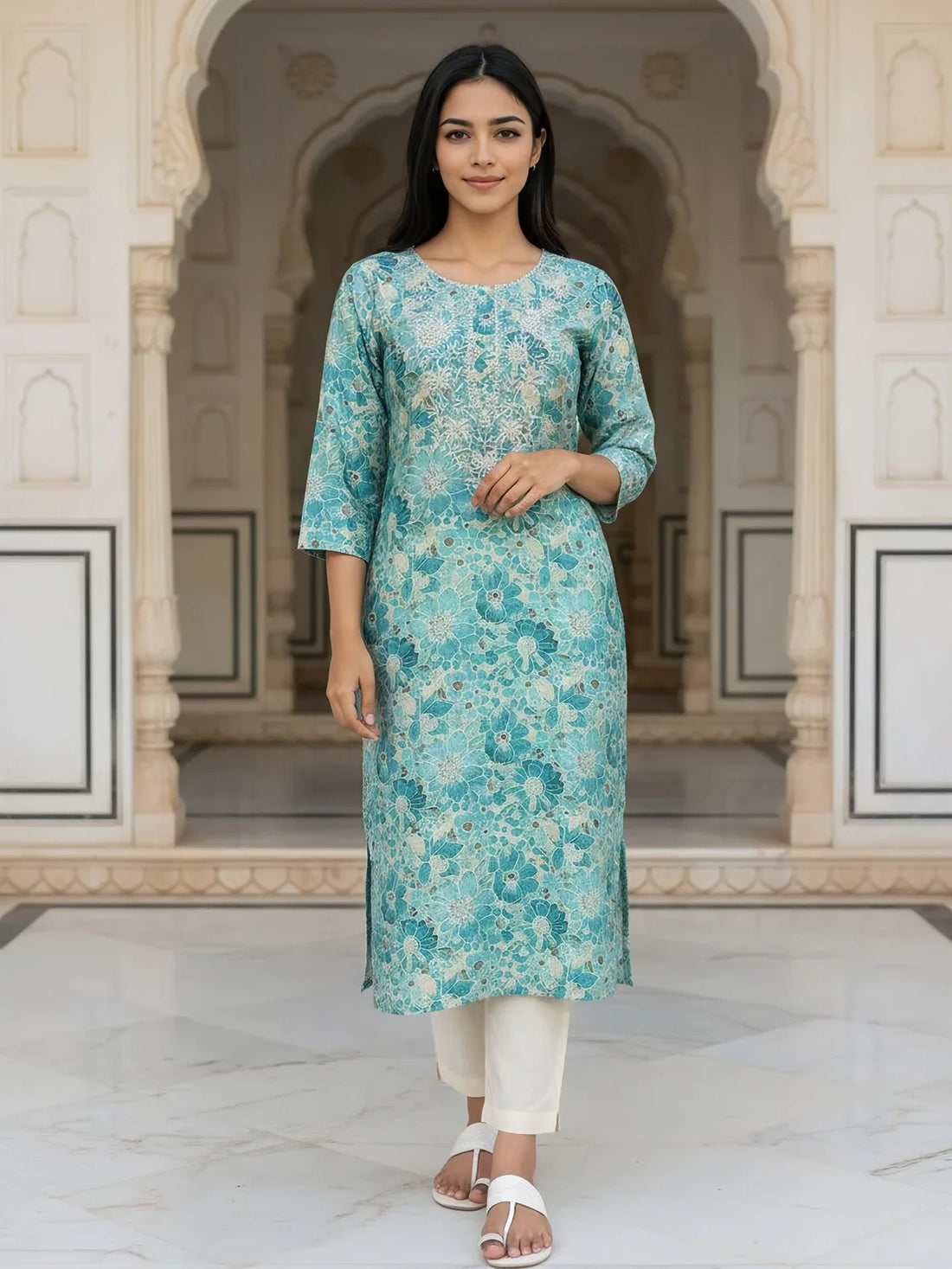 Buy Chanderi Embroidered Straight Calf Length Kurta-Turquoise