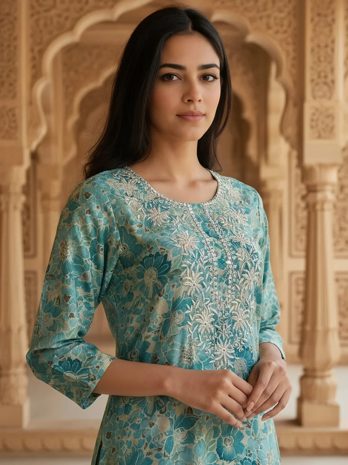 Buy Chanderi Embroidered Straight Calf Length Kurta-Turquoise