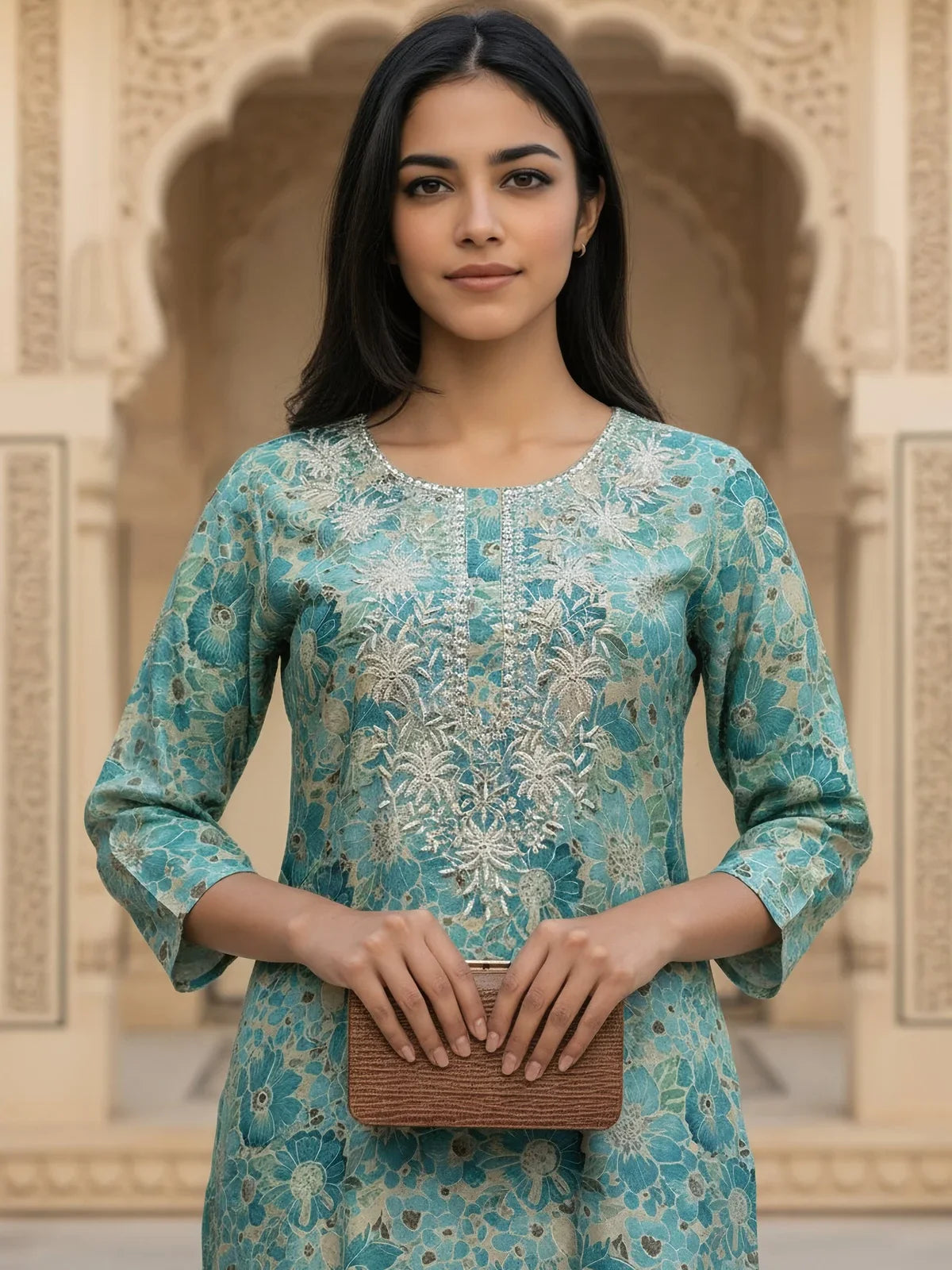 Buy Chanderi Embroidered Straight Calf Length Kurta-Turquoise