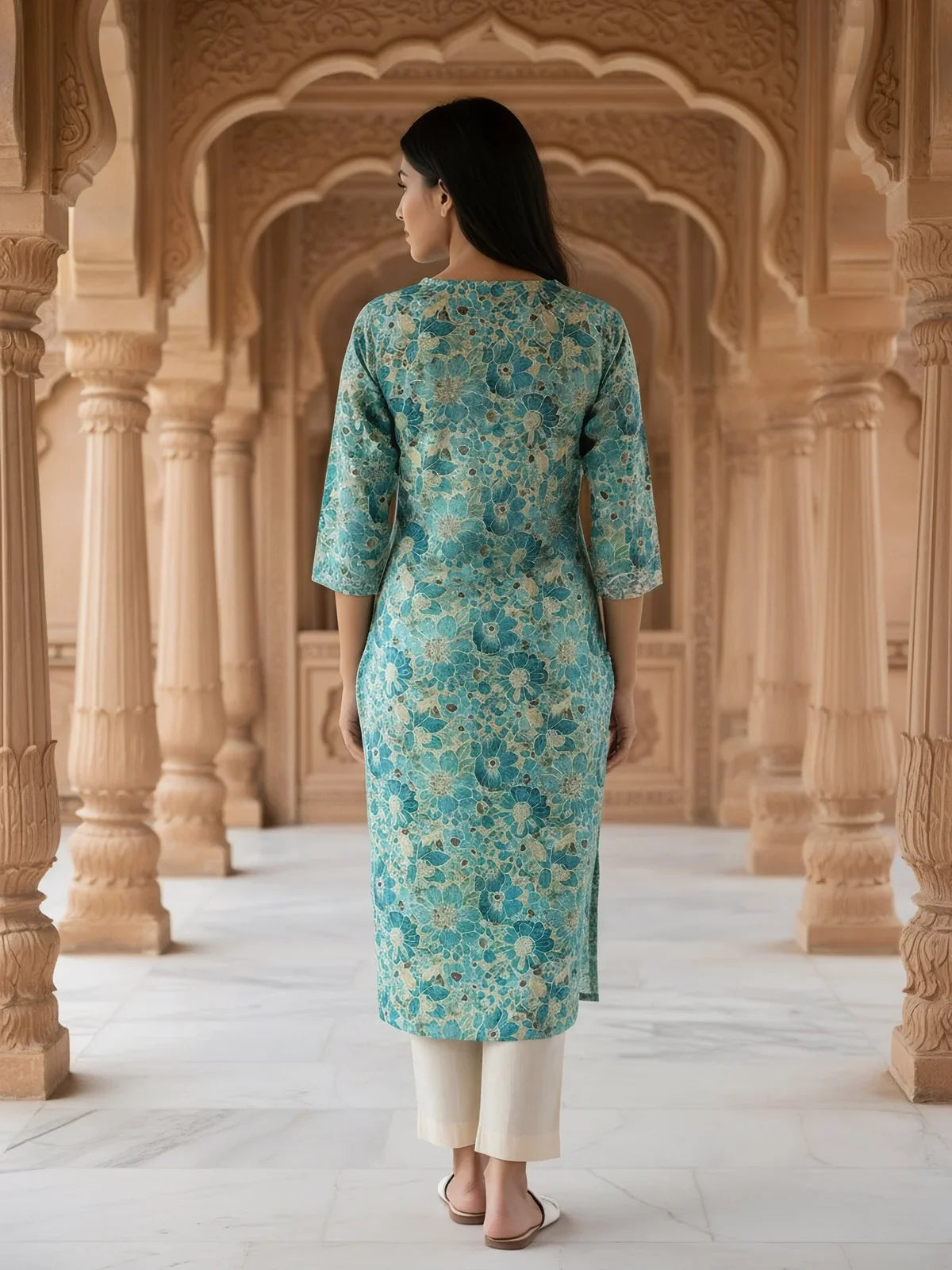 Buy Chanderi Embroidered Straight Calf Length Kurta-Turquoise