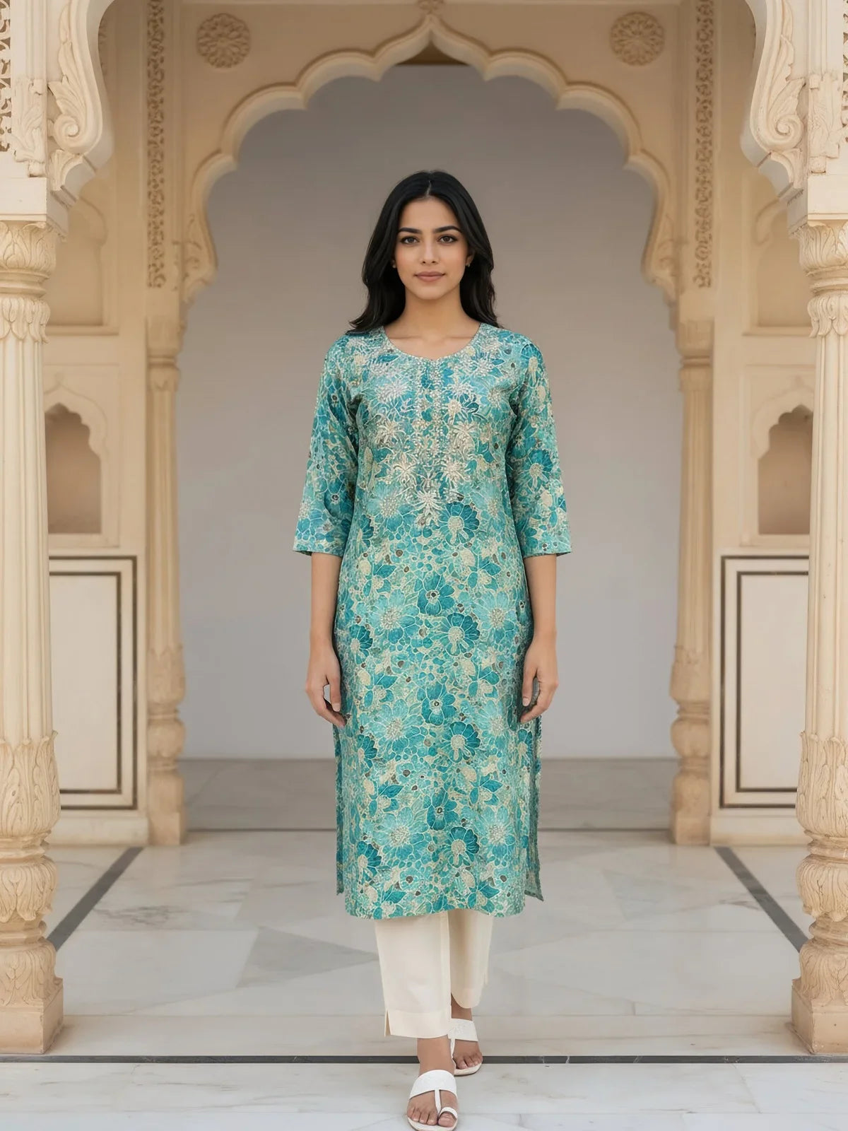 Buy Chanderi Embroidered Straight Calf Length Kurta-Turquoise