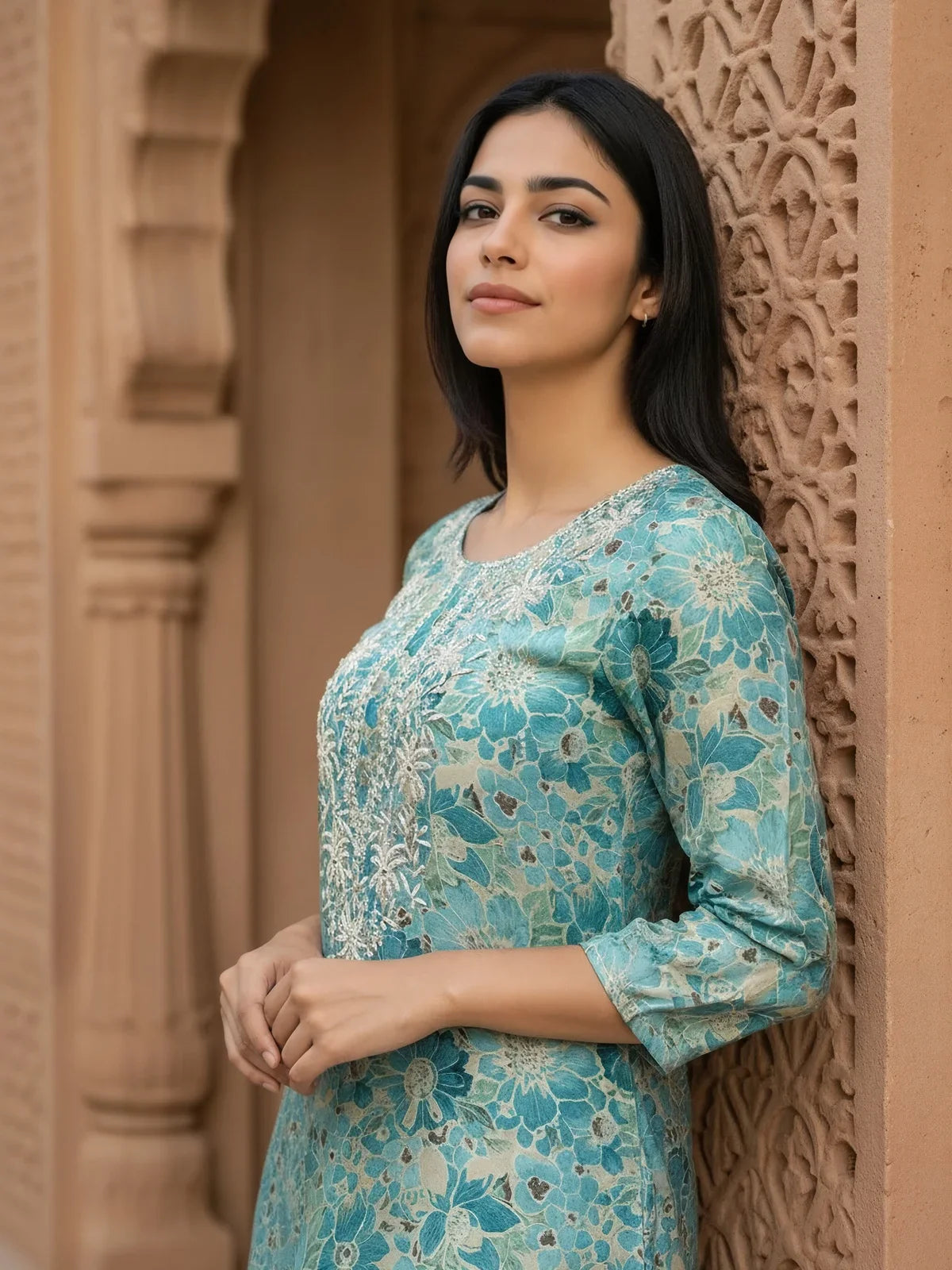 Buy Chanderi Embroidered Straight Calf Length Kurta-Turquoise