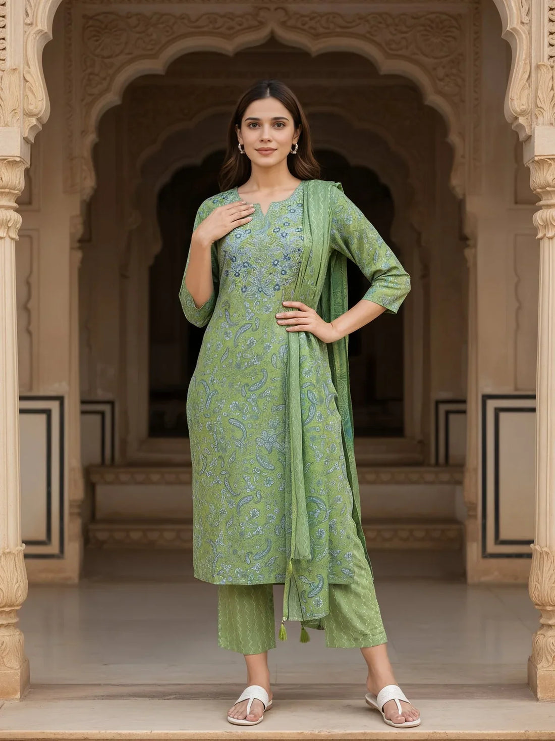 Buy Cotton Blend Embroidered Straight Calf Length Kurta with Pant and Dupatta-Lime Green