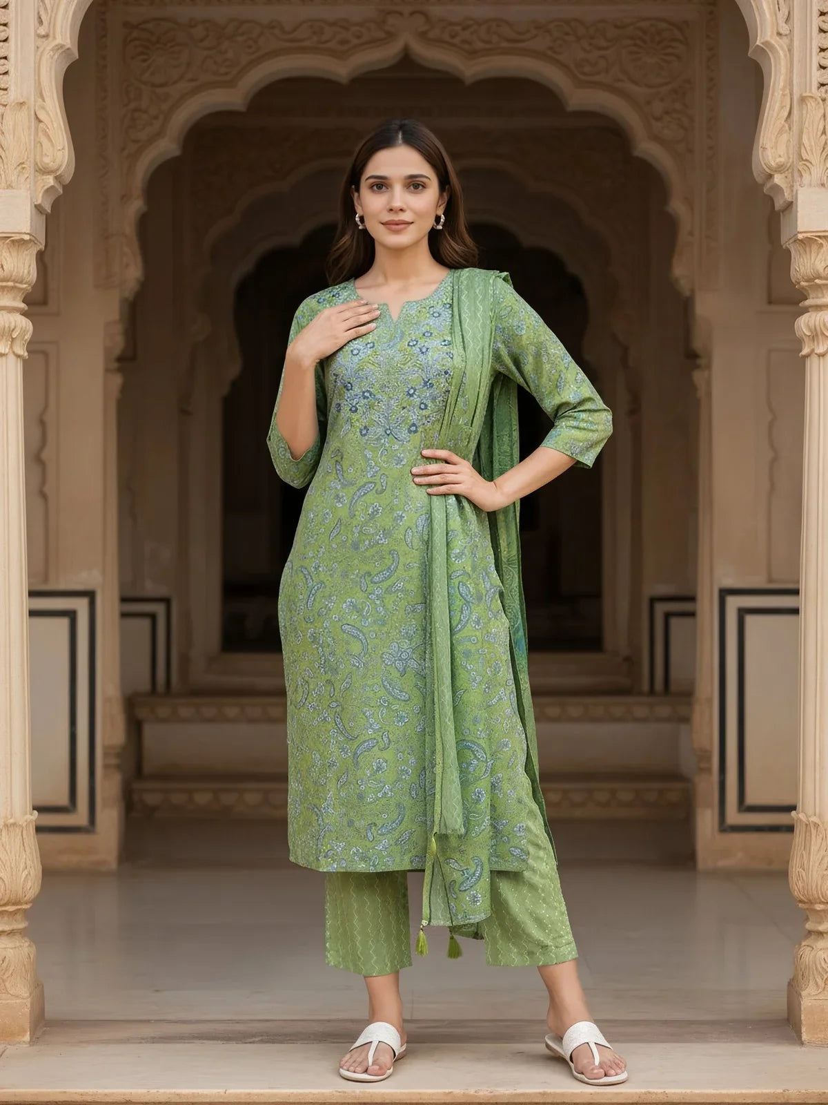 Buy Cotton Blend Embroidered Straight Calf Length Kurta with Pant and Dupatta-Lime Green