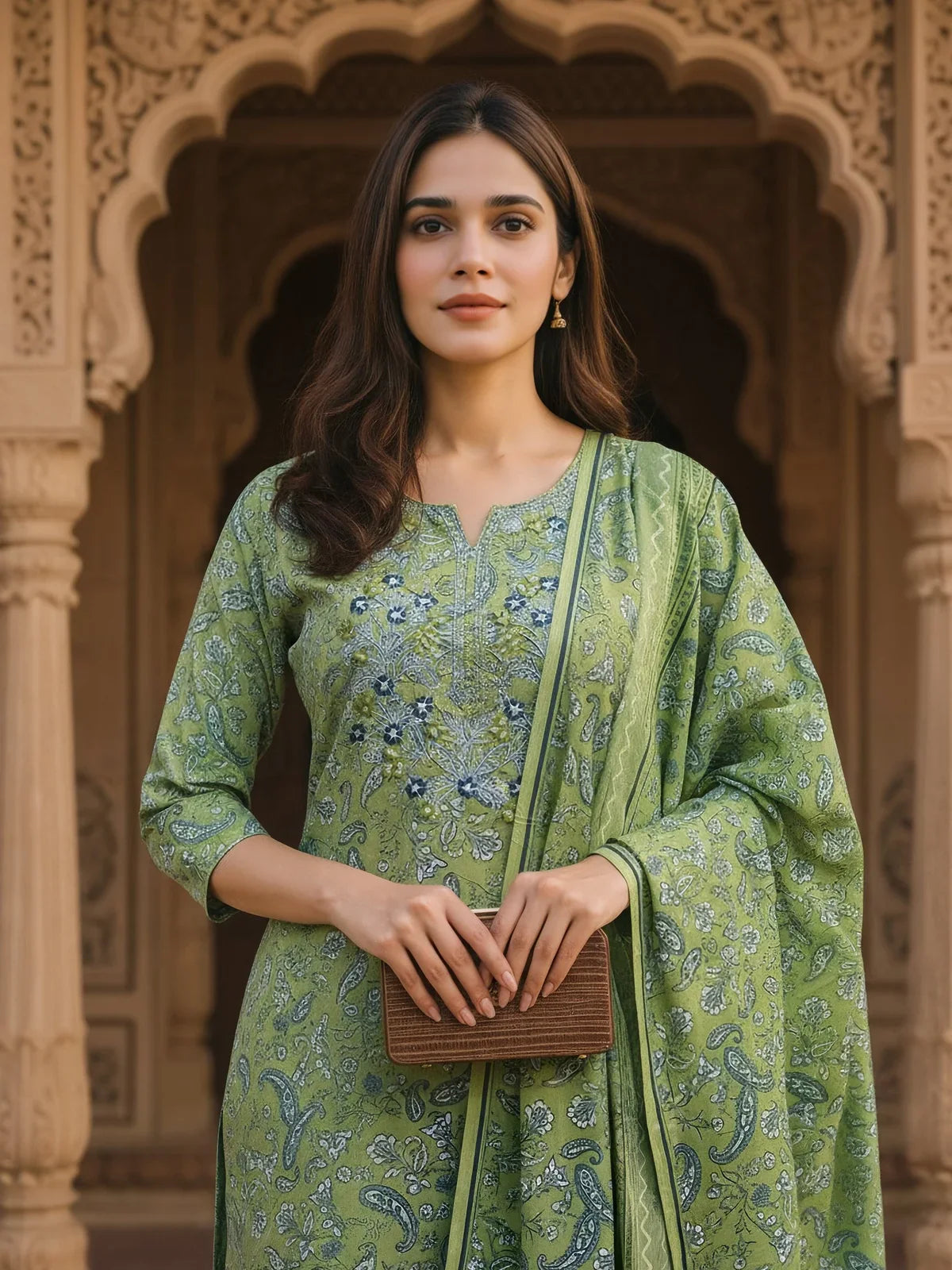 Buy Cotton Blend Embroidered Straight Calf Length Kurta with Pant and Dupatta-Lime Green