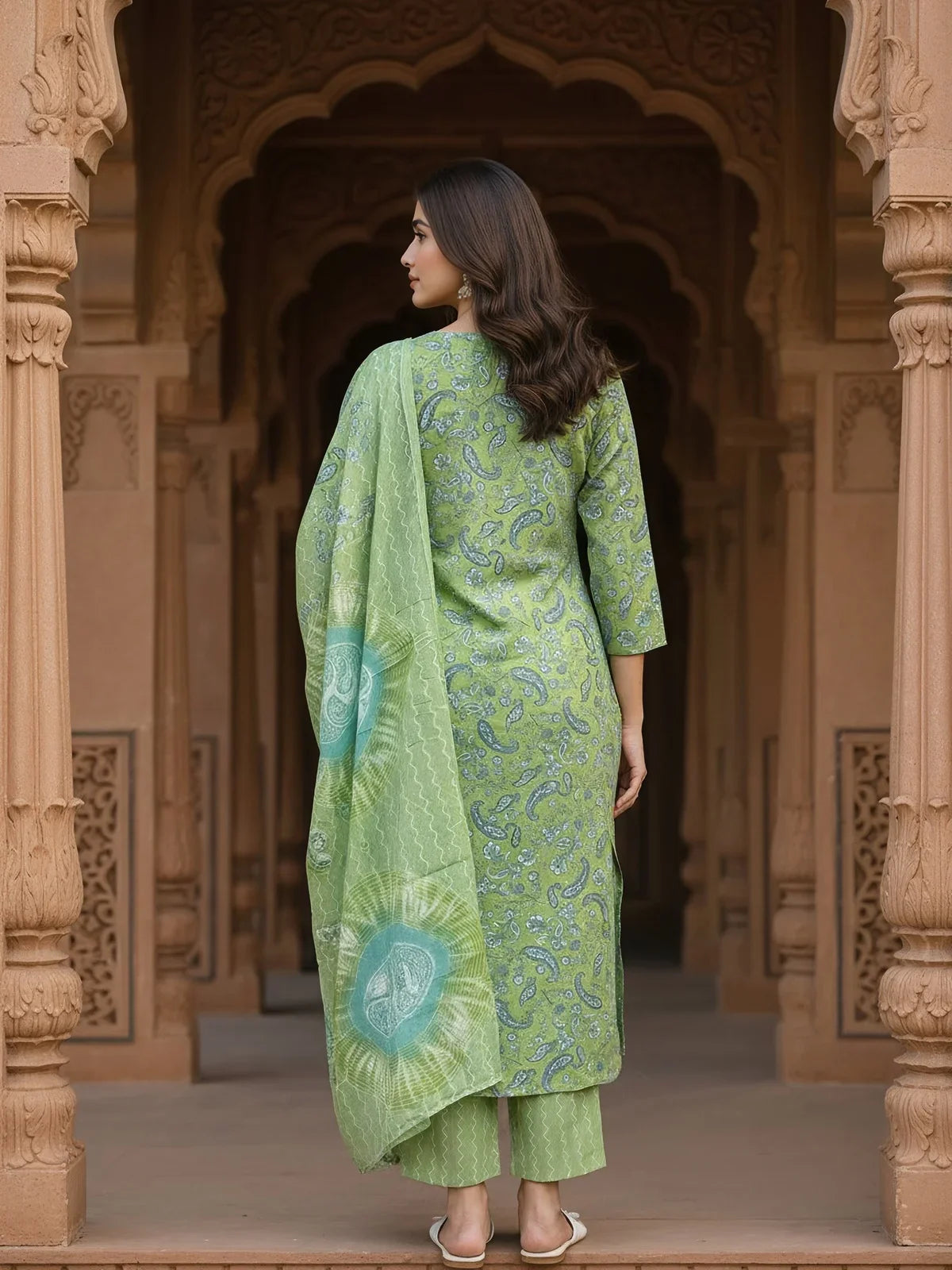 Buy Cotton Blend Embroidered Straight Calf Length Kurta with Pant and Dupatta-Lime Green