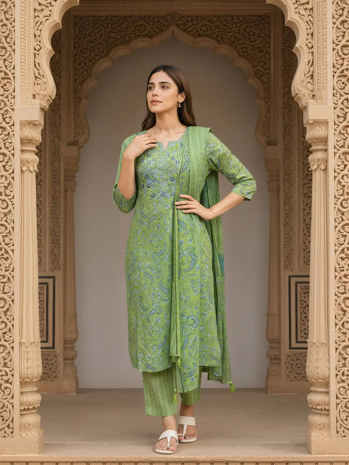 Buy Cotton Blend Embroidered Straight Calf Length Kurta with Pant and Dupatta-Lime Green